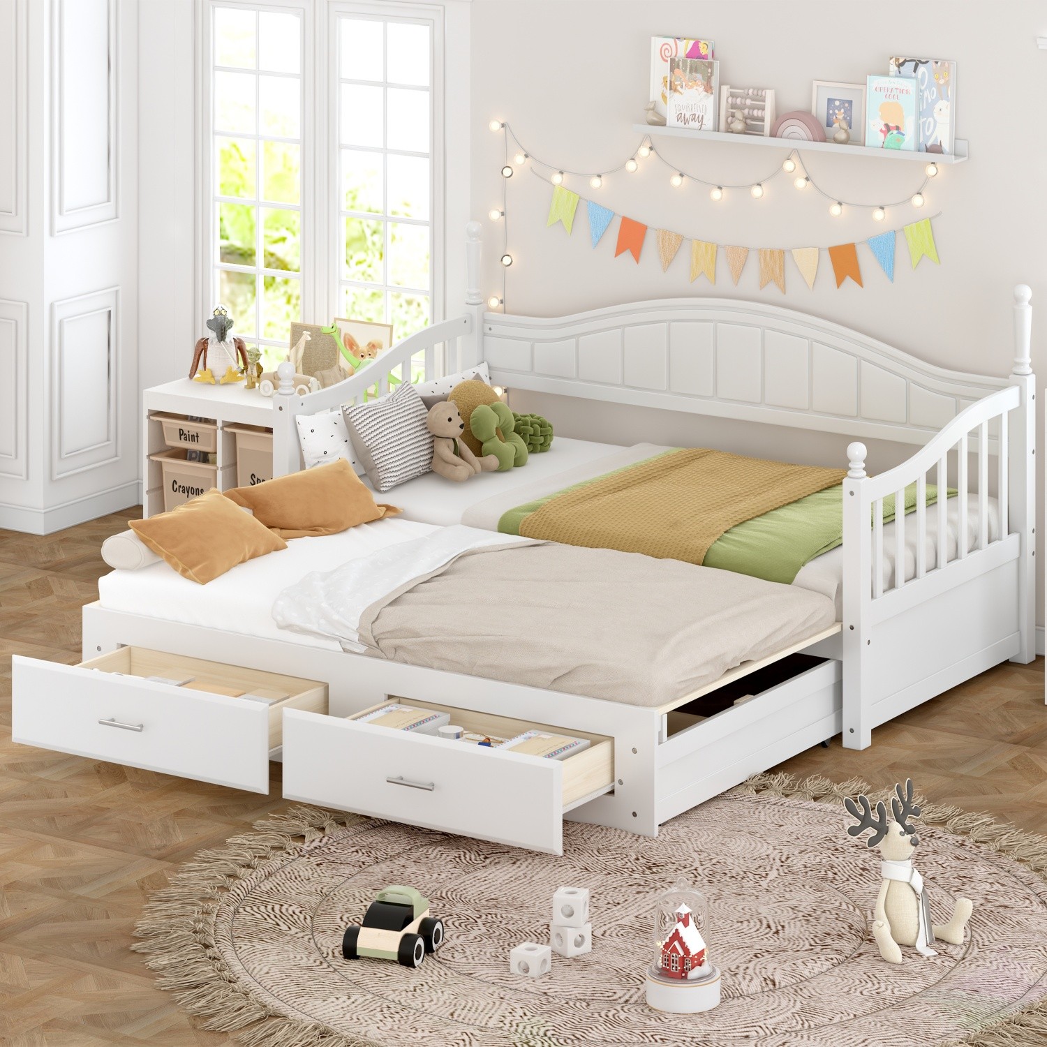 Twin Size Wooden Daybed Bed Frame Sofa Bed with Pull-Out Trundle and 3 Drawers