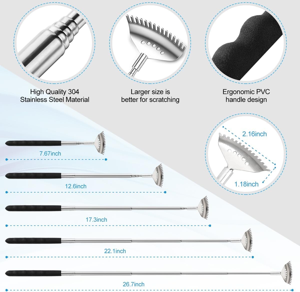 3 Pack Different Back Scratcher Metal Portable Telescoping with Rubber Handles