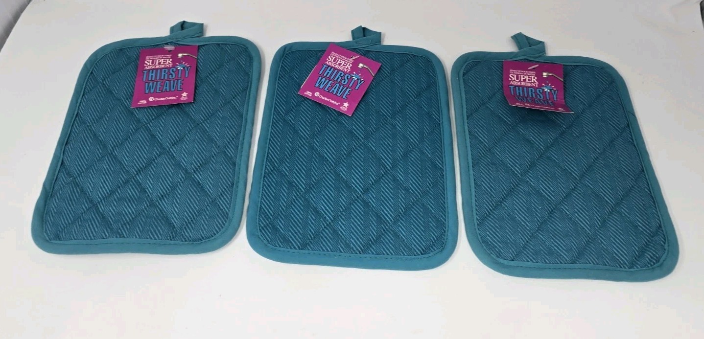 Vtg Charles Craft Super Absorb Thirsty Weave Kitchen Potholders Teal NOS (3 Ct)