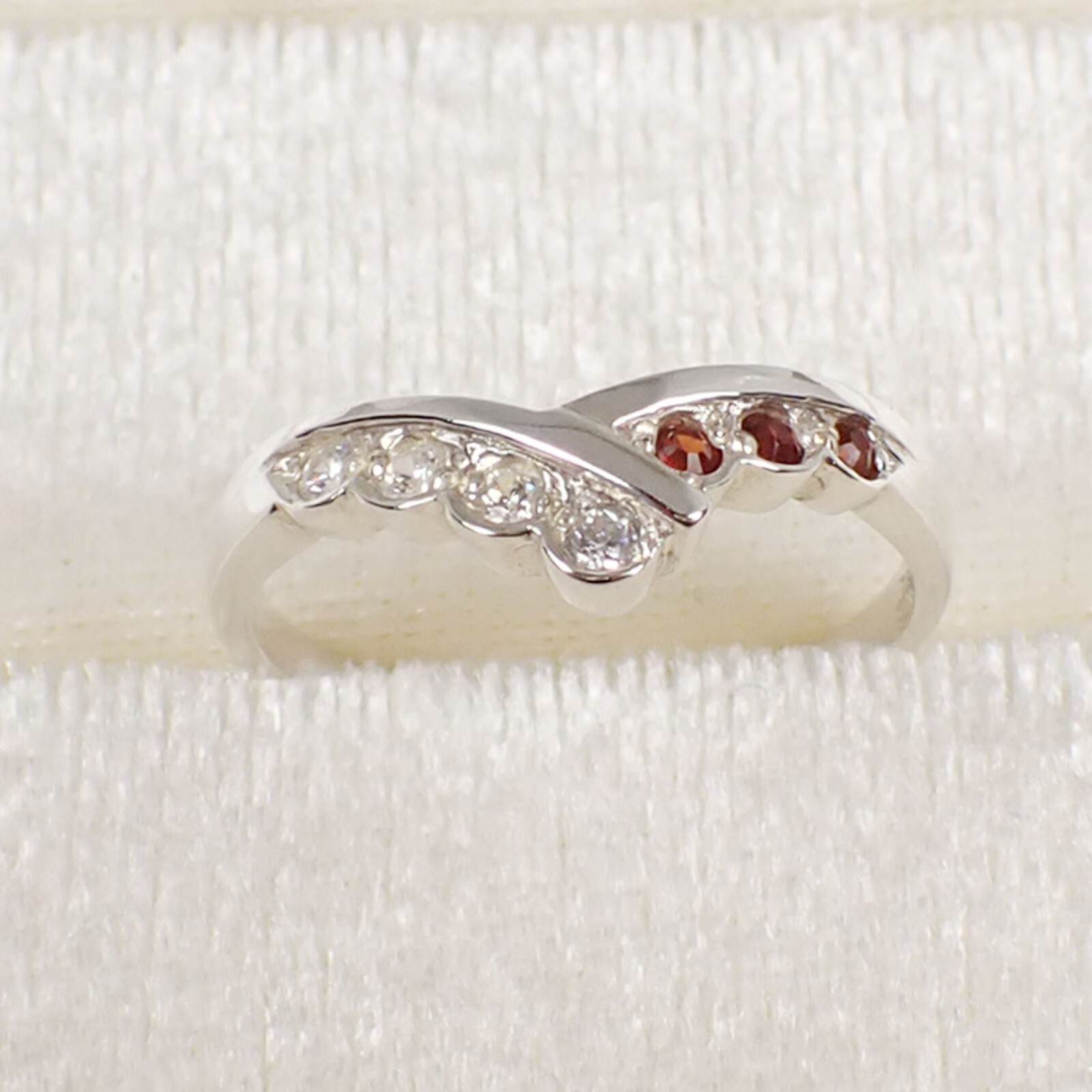Natural Garnet & CZ Gemstone Band V Ring Genuine 925 Sterling Silver - R650