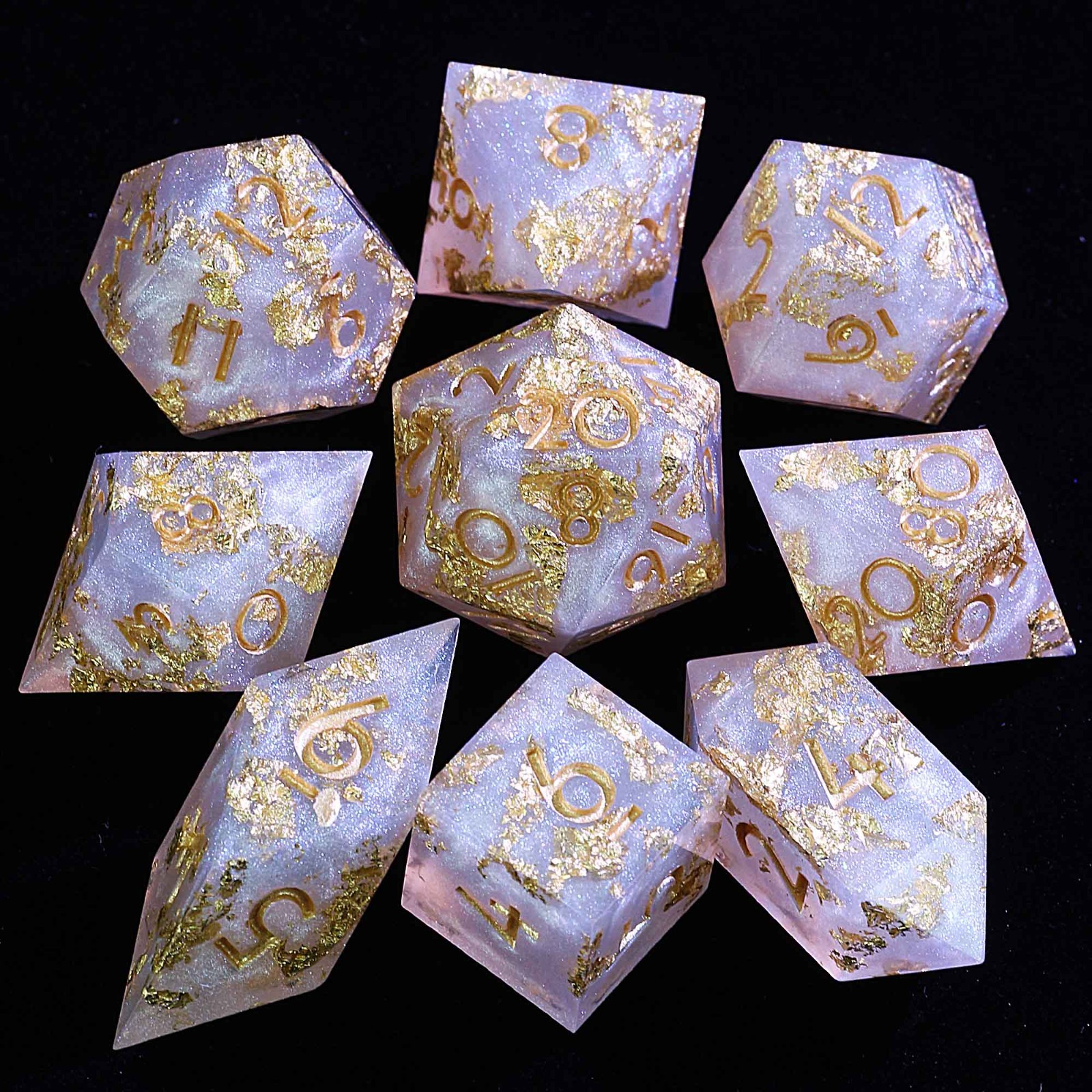 9 Polyhedral Resin D and D Set Dice Mica Silver Gleam for Dungeons Dragons RPG