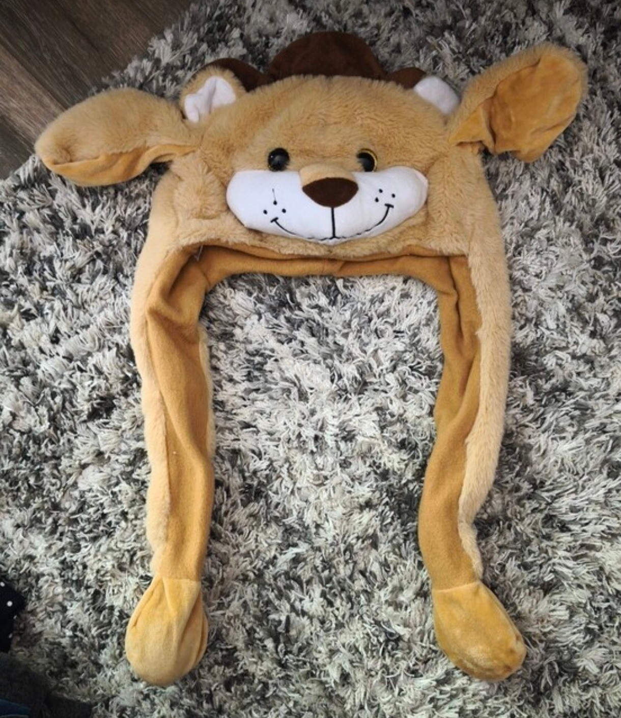 Kids Lion Fleece Animal Hat w/ Ear Flaps, Embroidered Tan Brown One Size