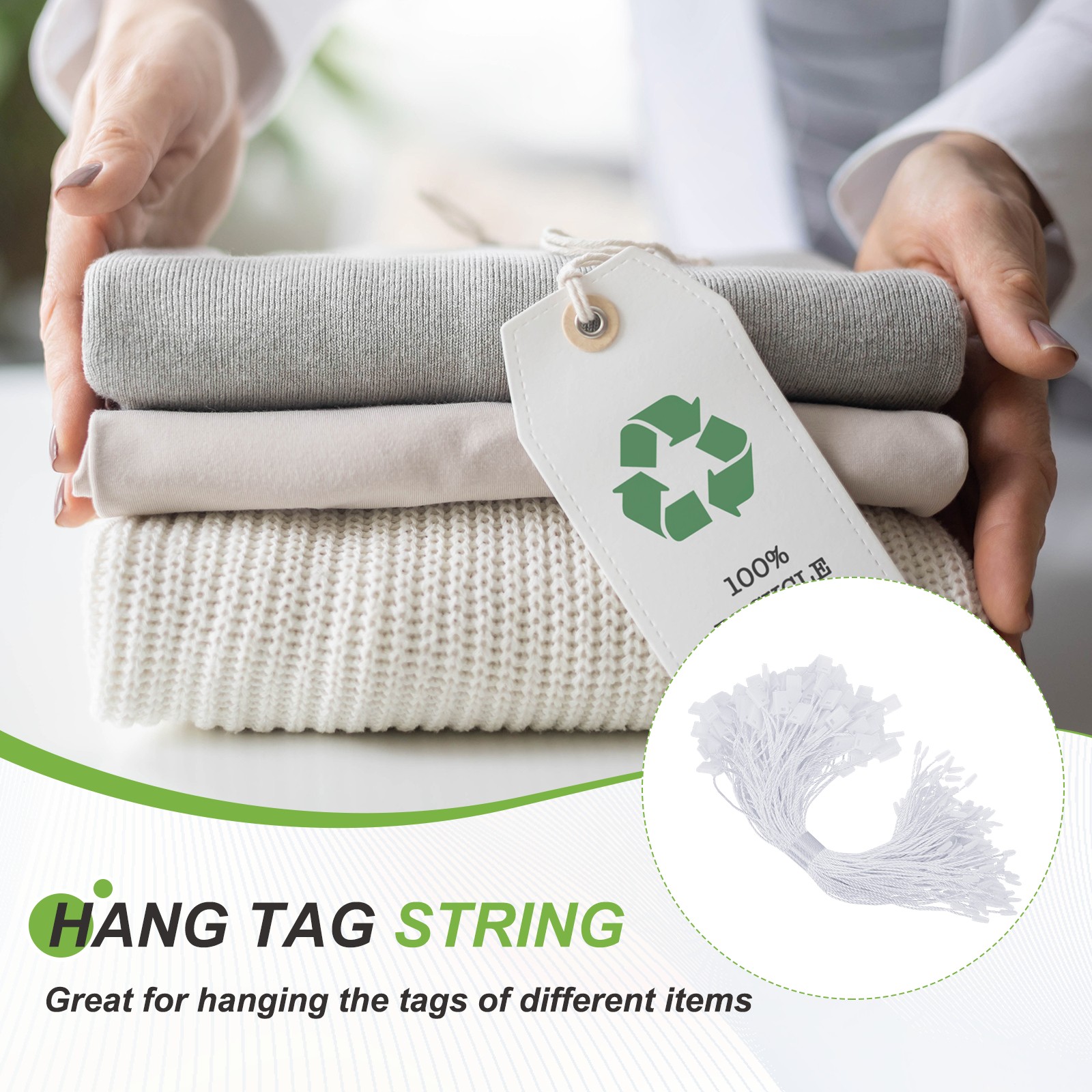 1000pcs Polyester Hang Tag String (6.7") - Plastic Snap Lock Pin Loop White