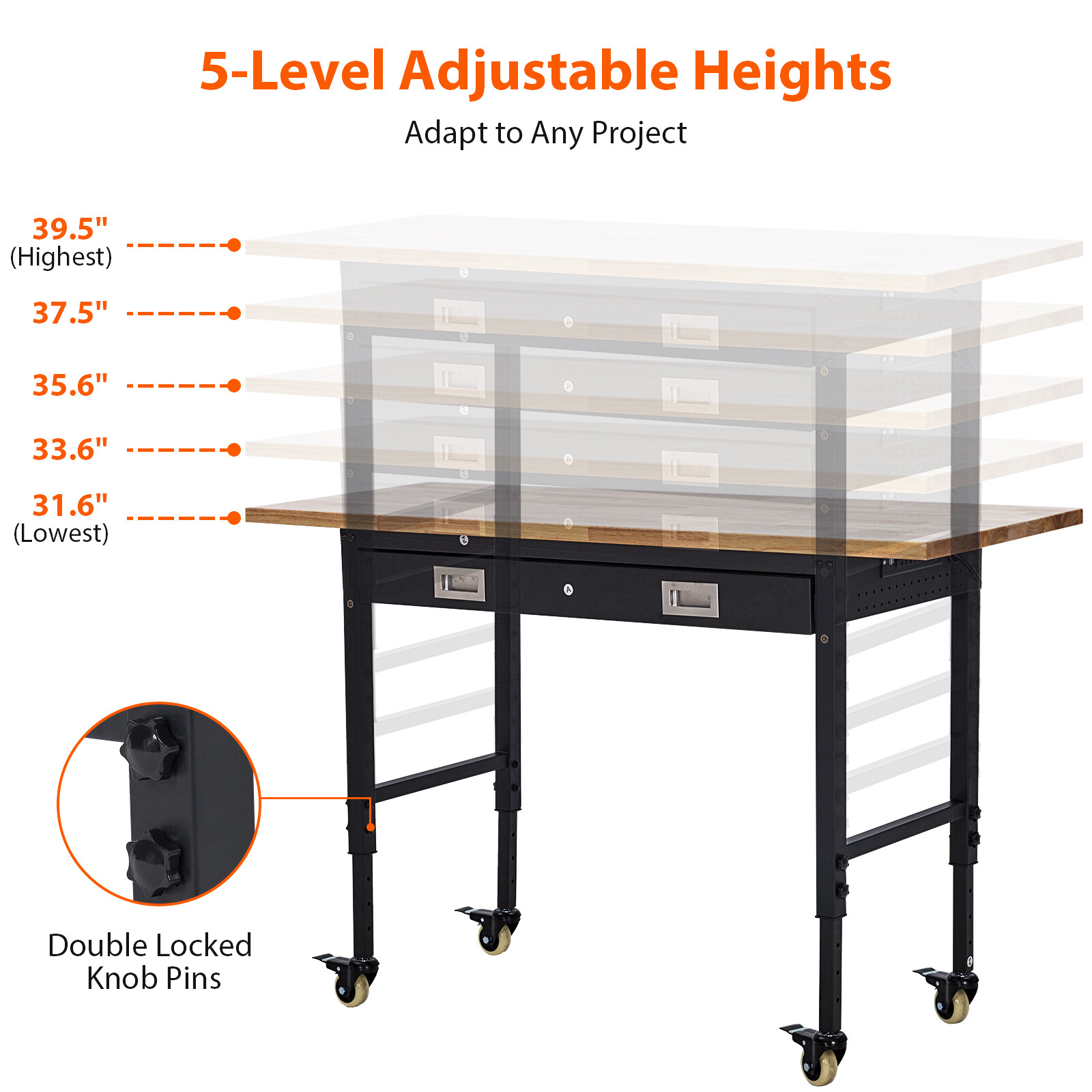 60" Adjustable Workbench w/ Drawer & Power Outlet Rubber Wood Top 2000LBS Load