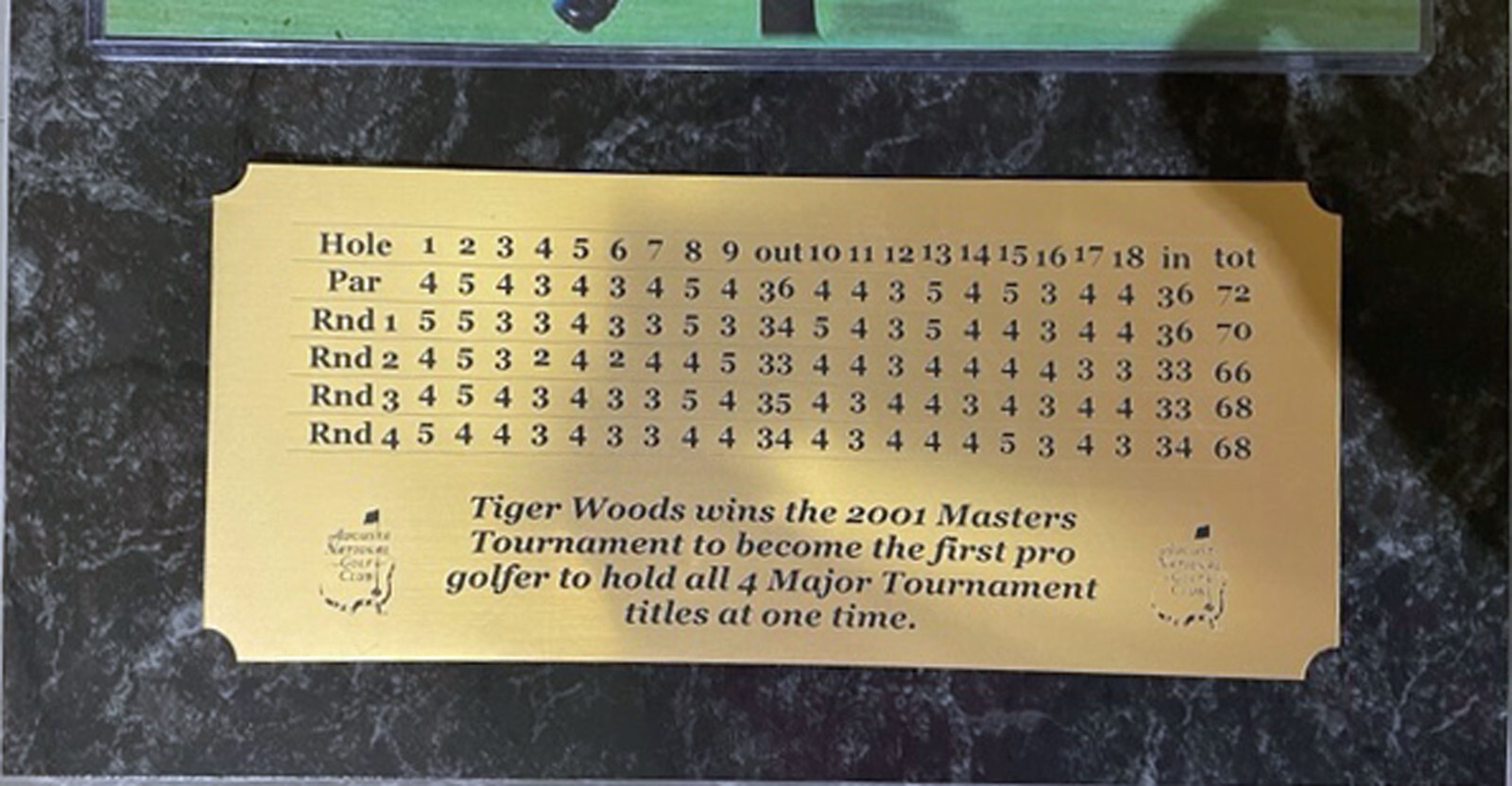 Tiger Woods Engraved Vinyl Masters Scorecard Nameplate - Optional Masters Year