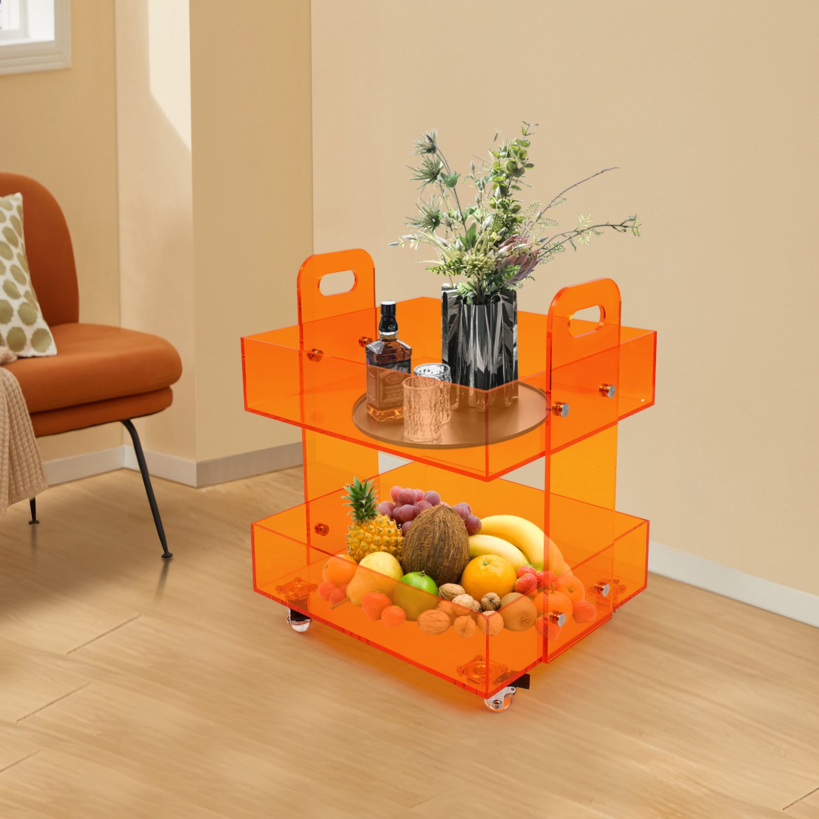 Transparent End Table Storage Side Table Acrylic Nightstand with 4 Wheels