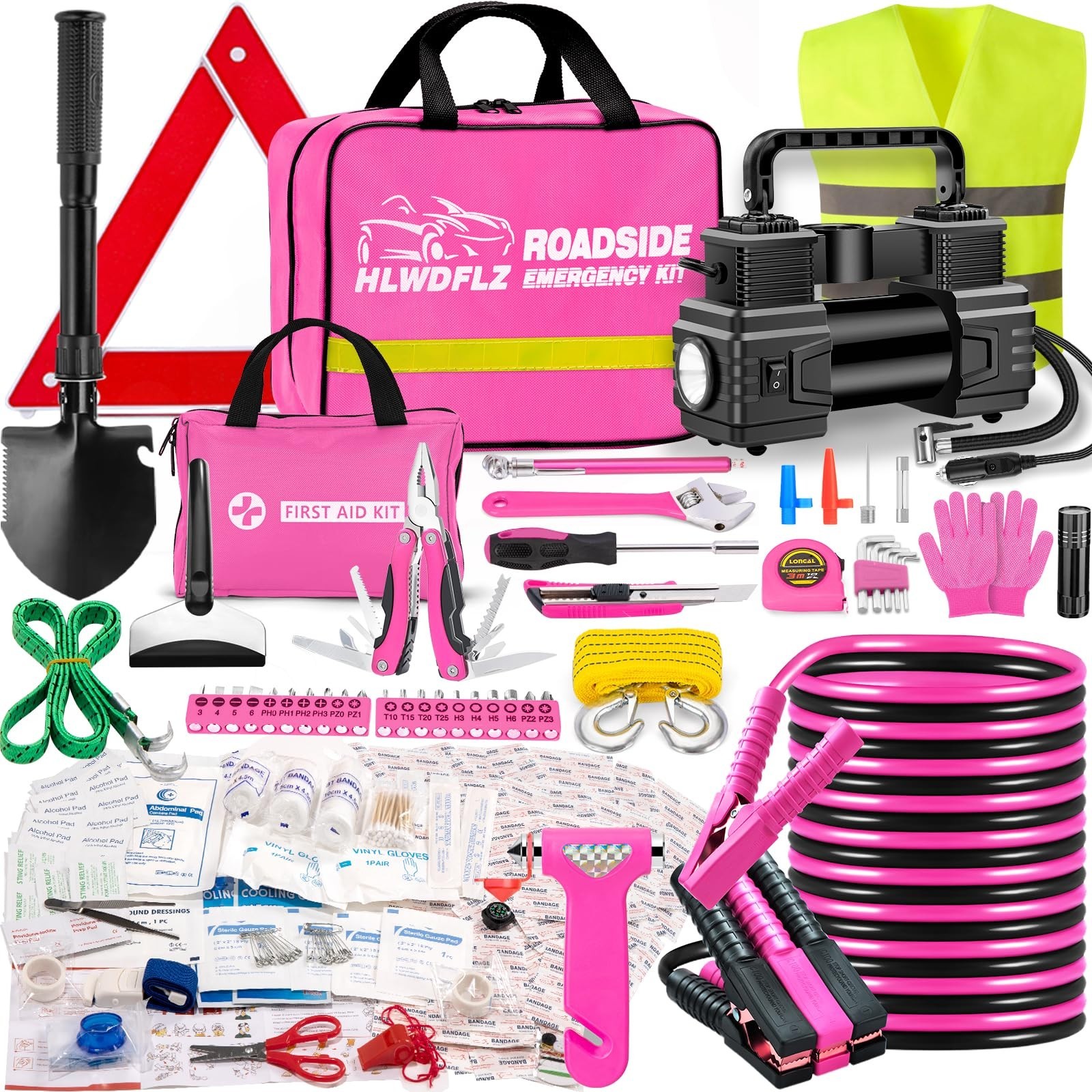 Emergency Car Kit with Air Compressor, Jumper Cables, First Aid & Tools - Winter