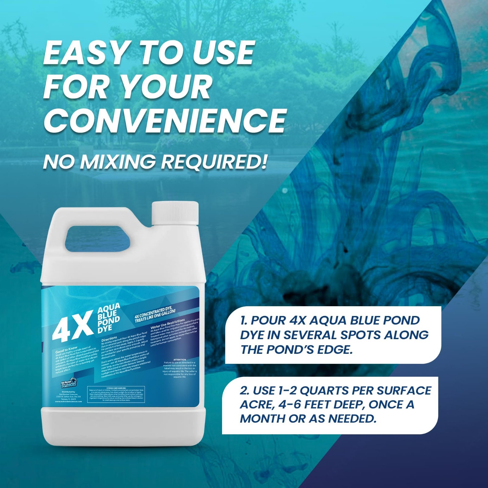 32oz Aqua Blue Pond Dye 4X Concentrate Lake Colorant Treats 1 Acre Fish Safe