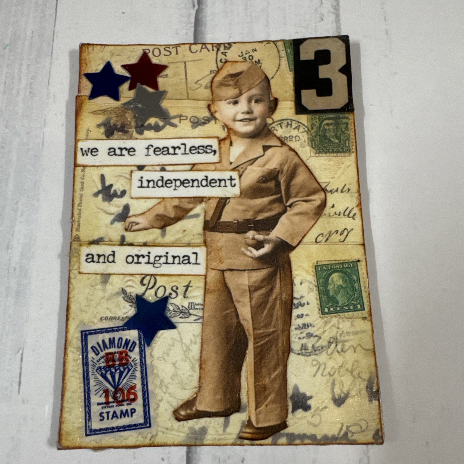 ACEO original art, mixed media collage, patriotic Military, 2.5 x 3.5