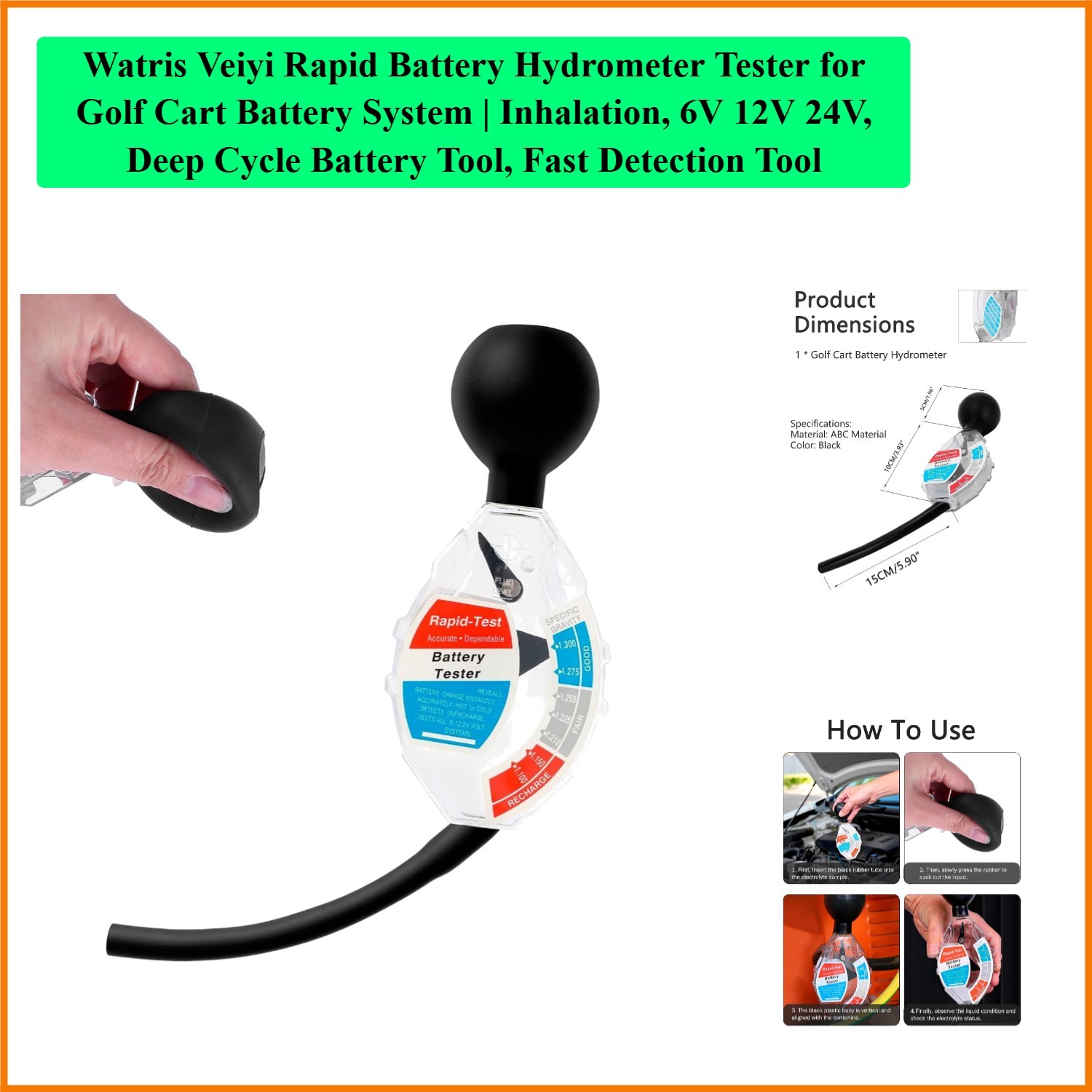 Rapid Battery Hydrometer Tester for Golf Cart Battery System | Inhalation, 6V...