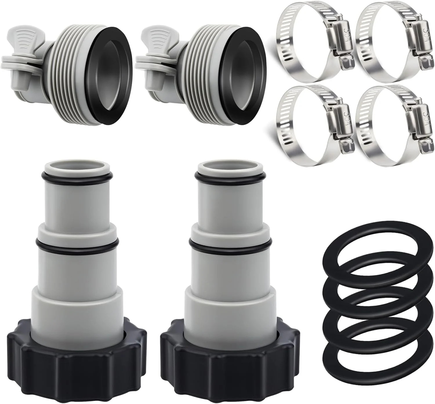 4 Pack Pool Hose Adapter Kit, 1.5" to 1.25" Conversion Set with Clamps and Washe