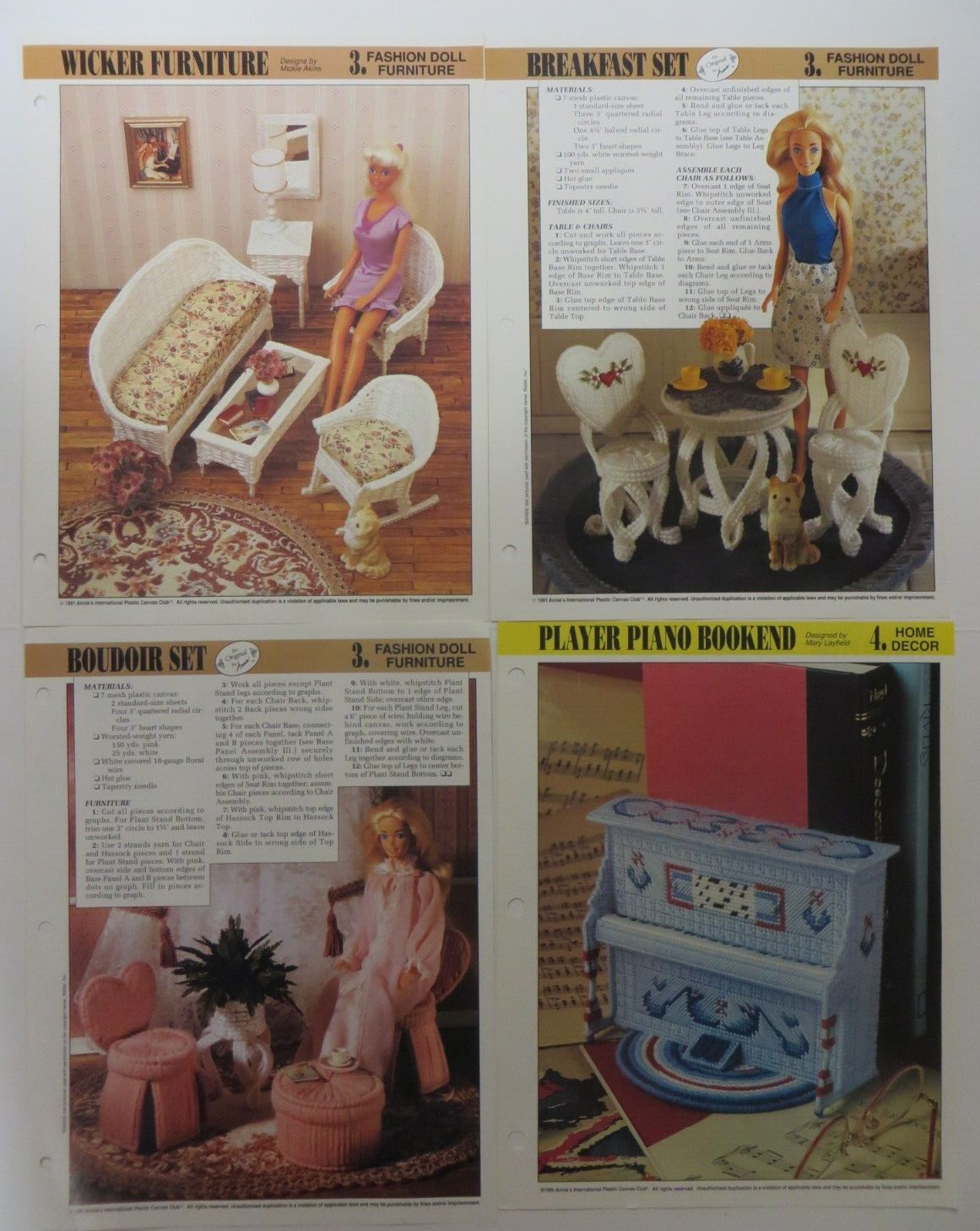 Vtg Lot 4 Plastic Canvas Pattern FASHION DOLL FURNITURE Annie's Attic Leaflets