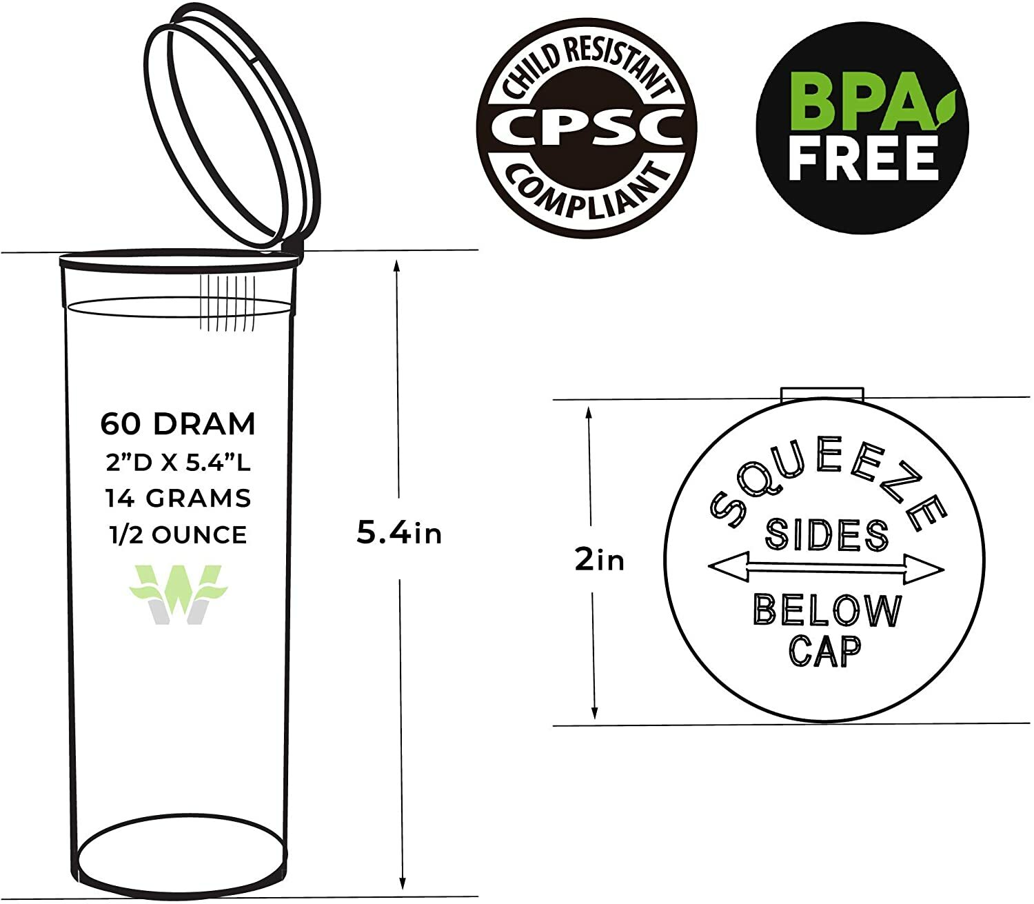 75 White Vials - 60 DRAM Pop Top Bottle - Smell Proof Containers