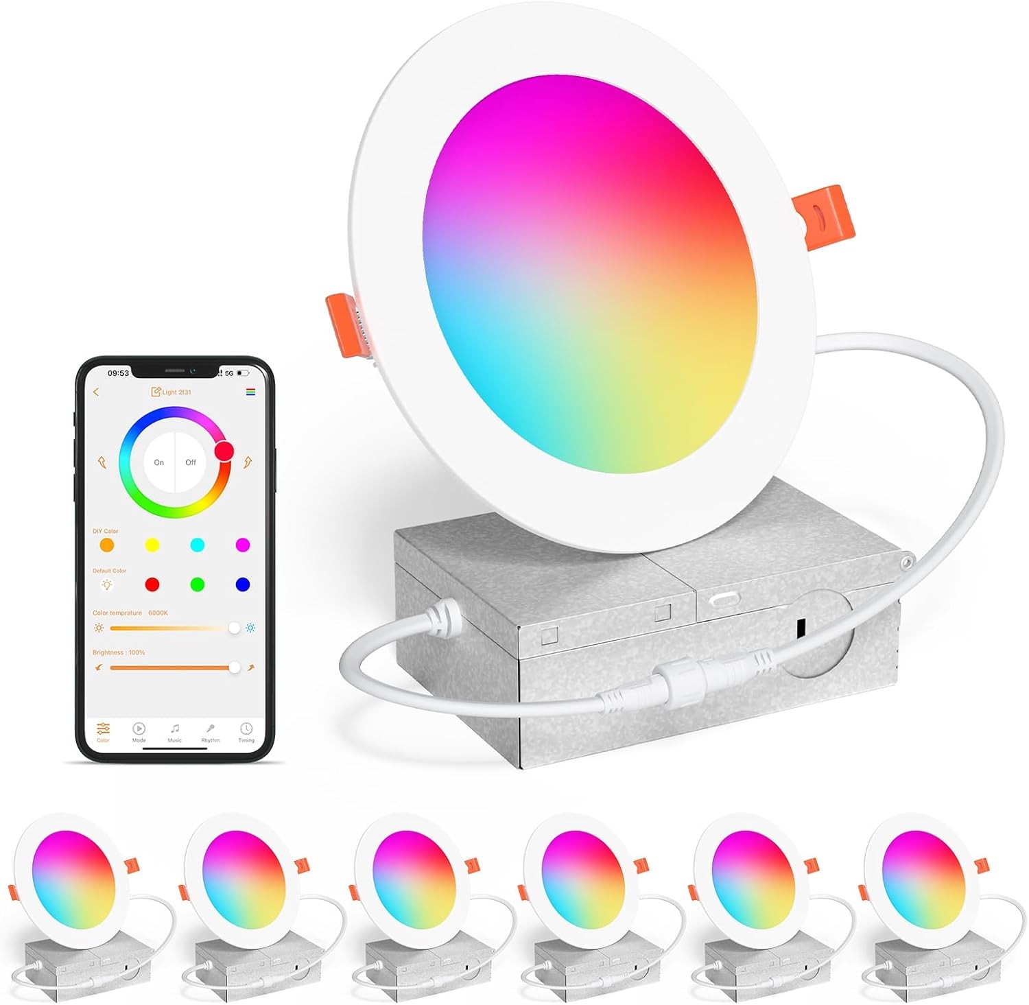 Smart Recessed Light 4 Inch RGBC Color 10W LED Downlight with Junction Box 6Pack