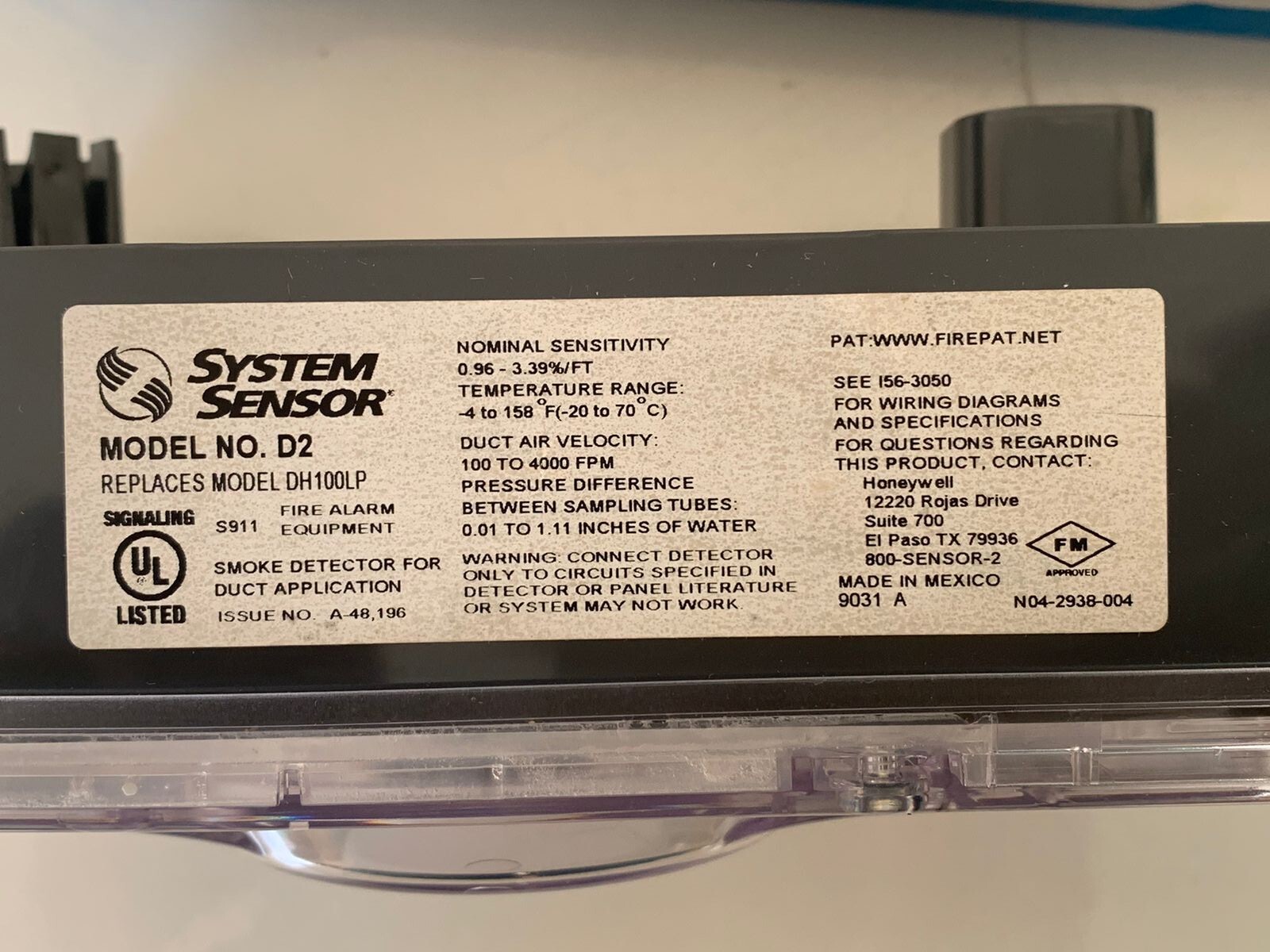 System Sensor / 2-Wire Duct Smoke Detector / D2 / Replaces Model DH100LP