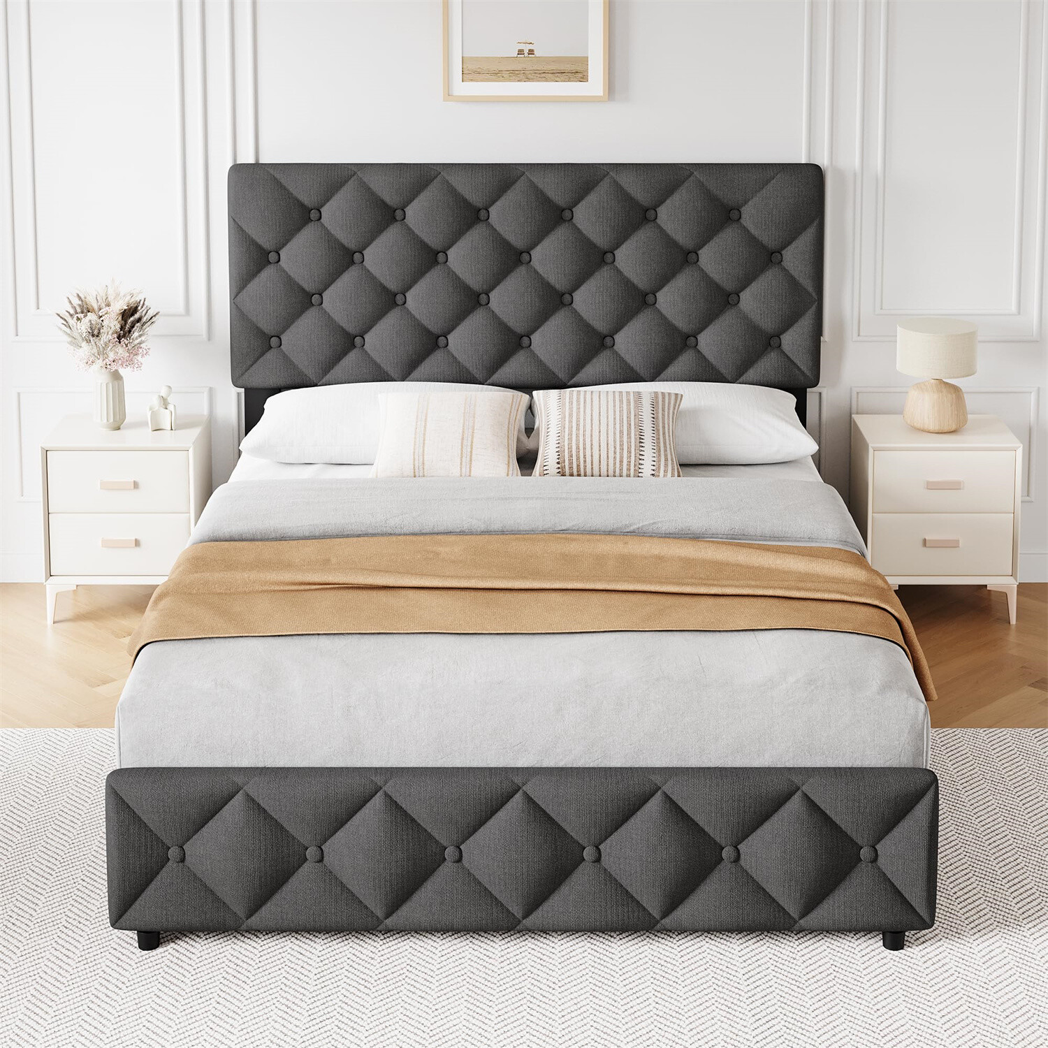 ✅Queen Size Bed Frame with 4 Storage Drawers and Headboard Upholstered Platform