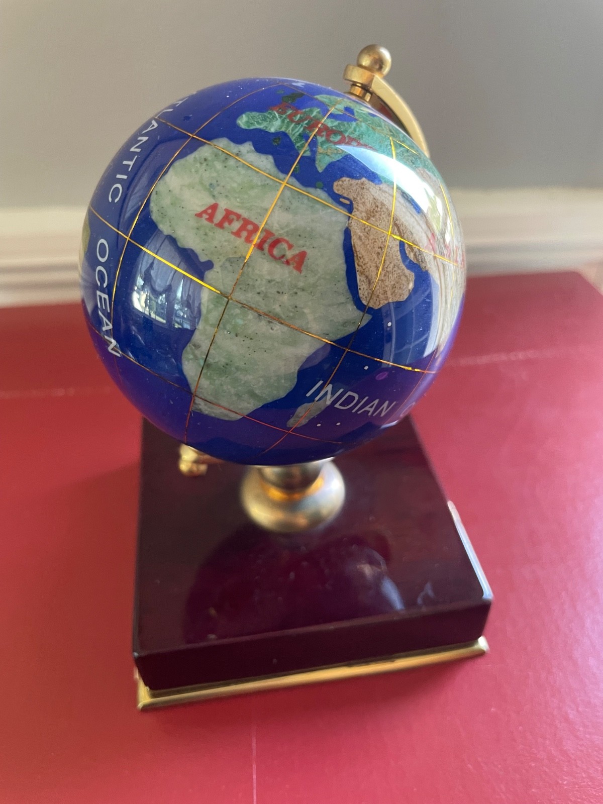 Vintage Blue Lapis Glass World Globe with Gemstones Desktop 5.5"