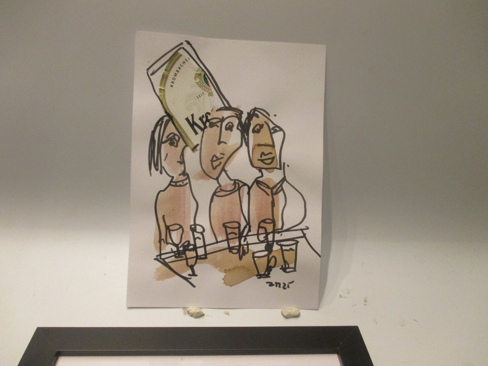 People At The Counter Original Signed Drawing Expressive Fineline 21x15cm