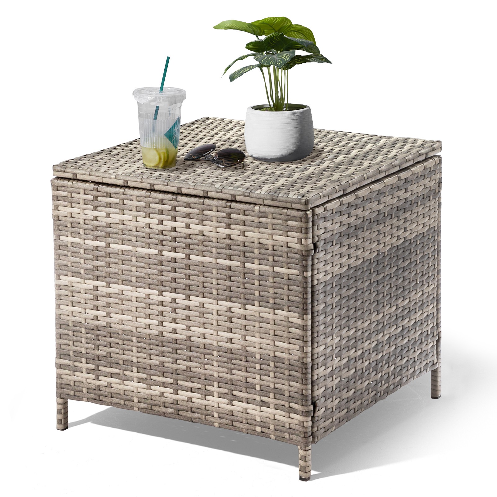 Outdoor PE Wicker Side Table with Storage, Patio Rattan End Table Square, Grey