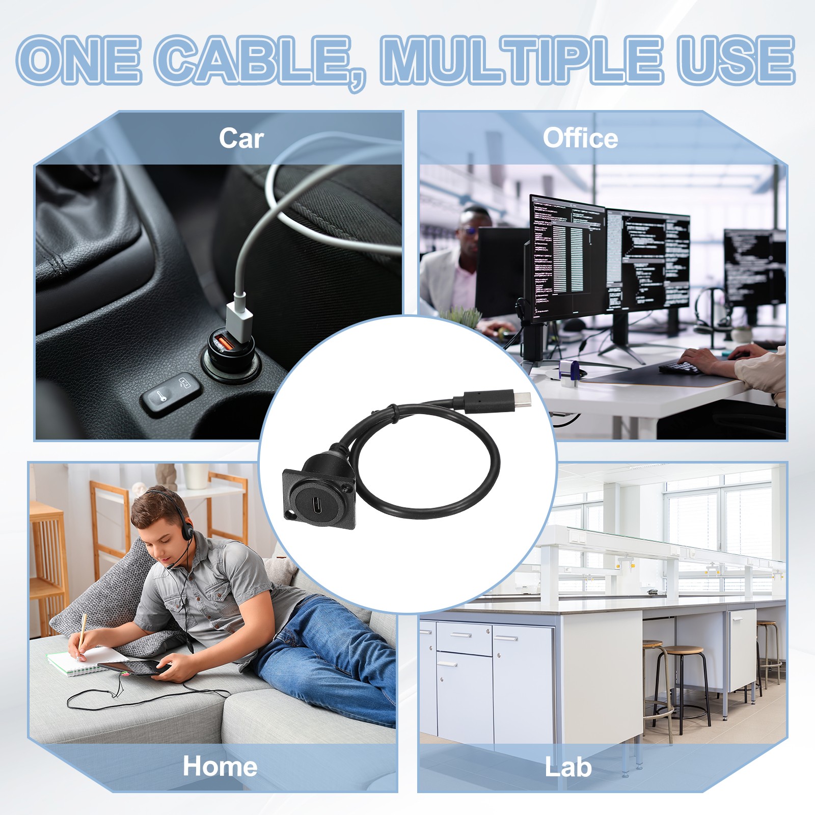 D-Type USB C 2.0 Panel Mount Extension Cable, Type-C Male to C Female, 1ft