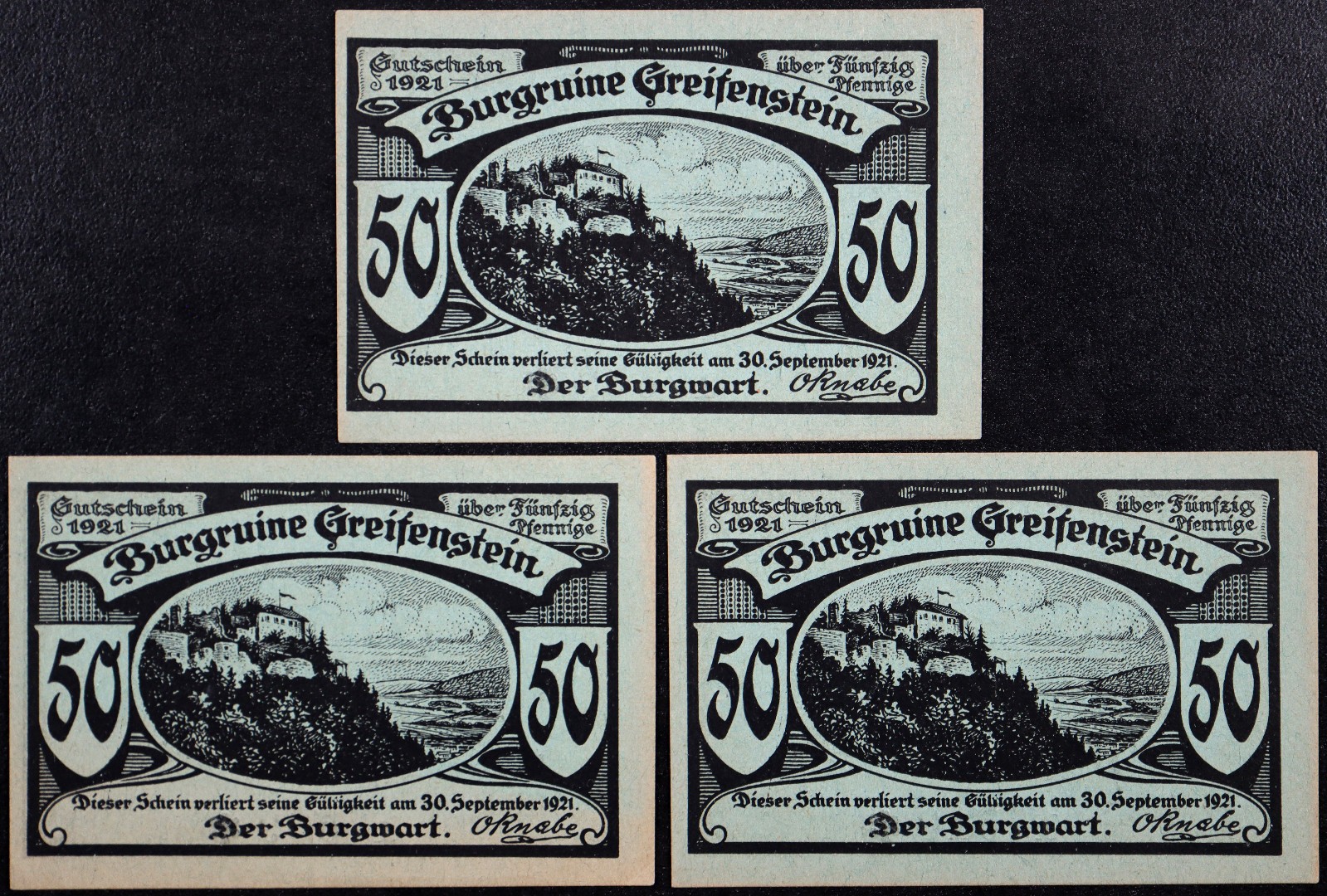GREIFENSTEIN 1921 "Castle Ruins" 3pcs Consecutive Serials! Green 50 Pf Notgeld
