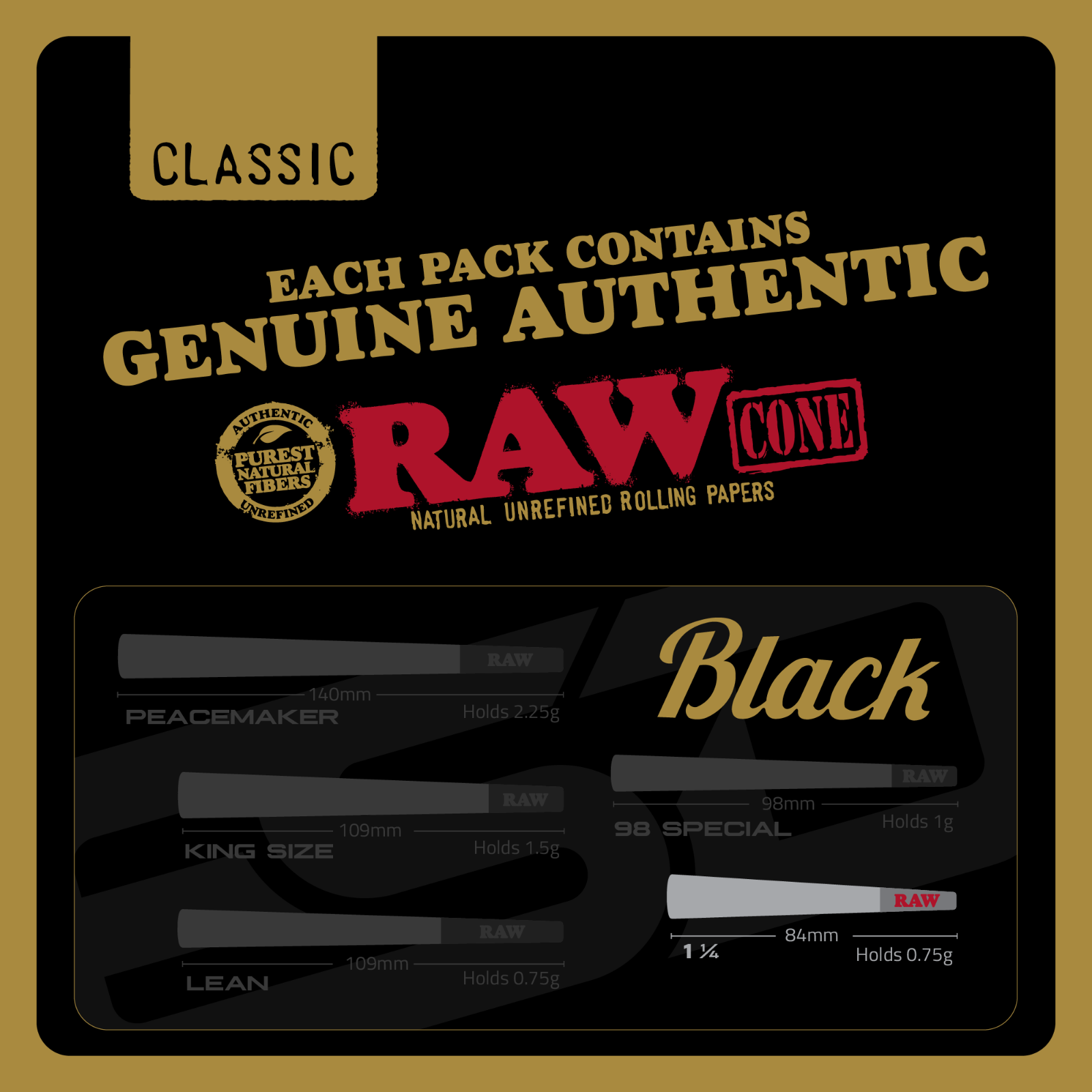 RAW Black 1 1/4 Cone Bundle with Protective Tin Box