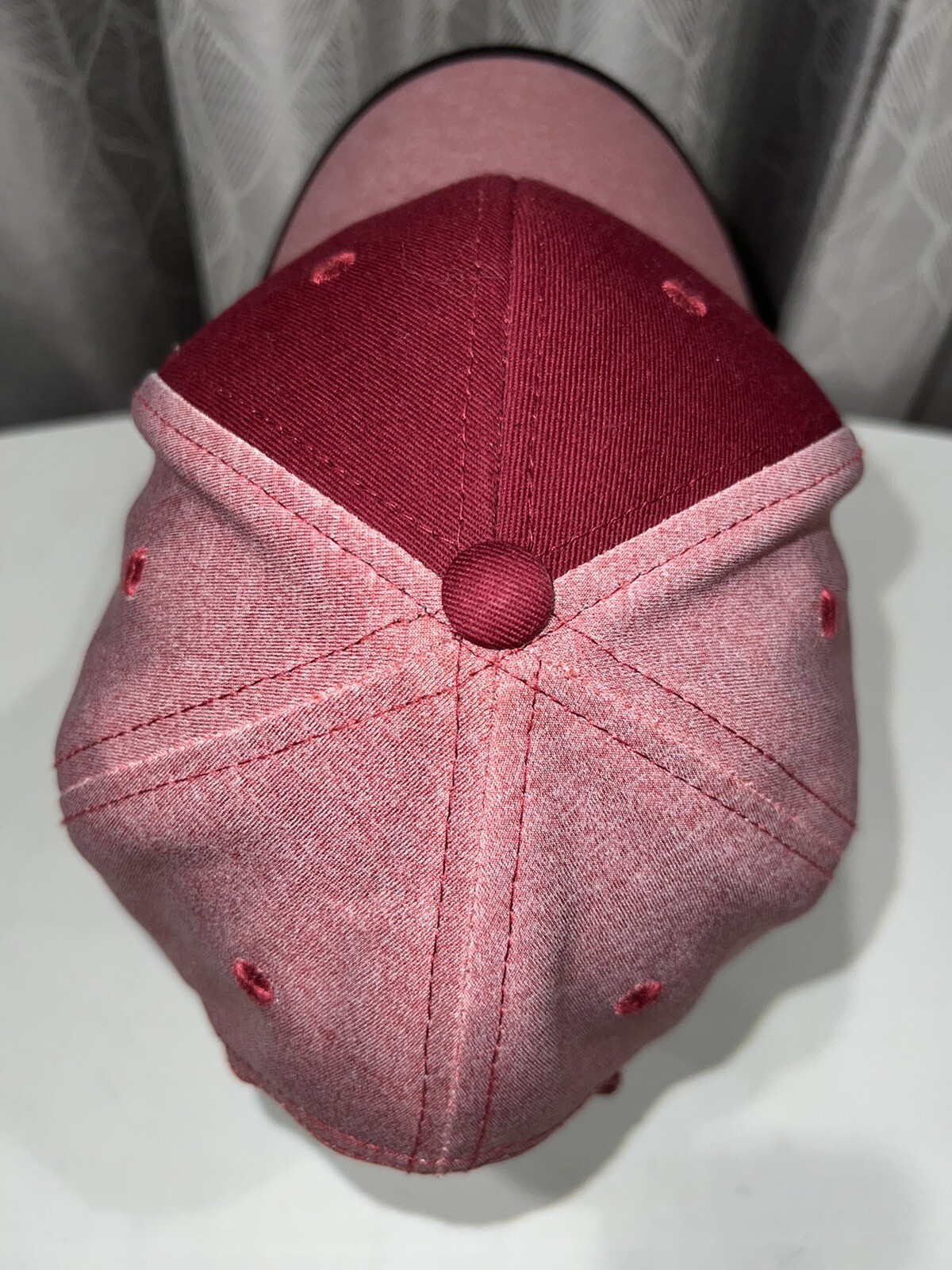 Mackinac Island Knit cap heather pink with Maroon front Hat Cap Hook Loop EUC