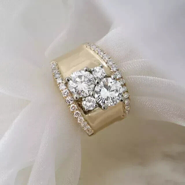 1.50Ct Round Real Moissanite Thick Wide Wedding Band Ring 14k Yellow Gold Plated