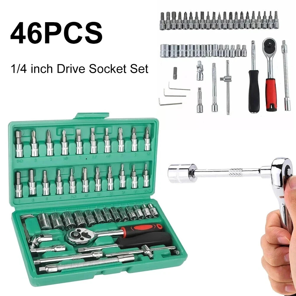 46Pcs Mechanic Tool Set 1/4" Socket Set Metric Hex Bit Ratchet Wrench Auto Repai