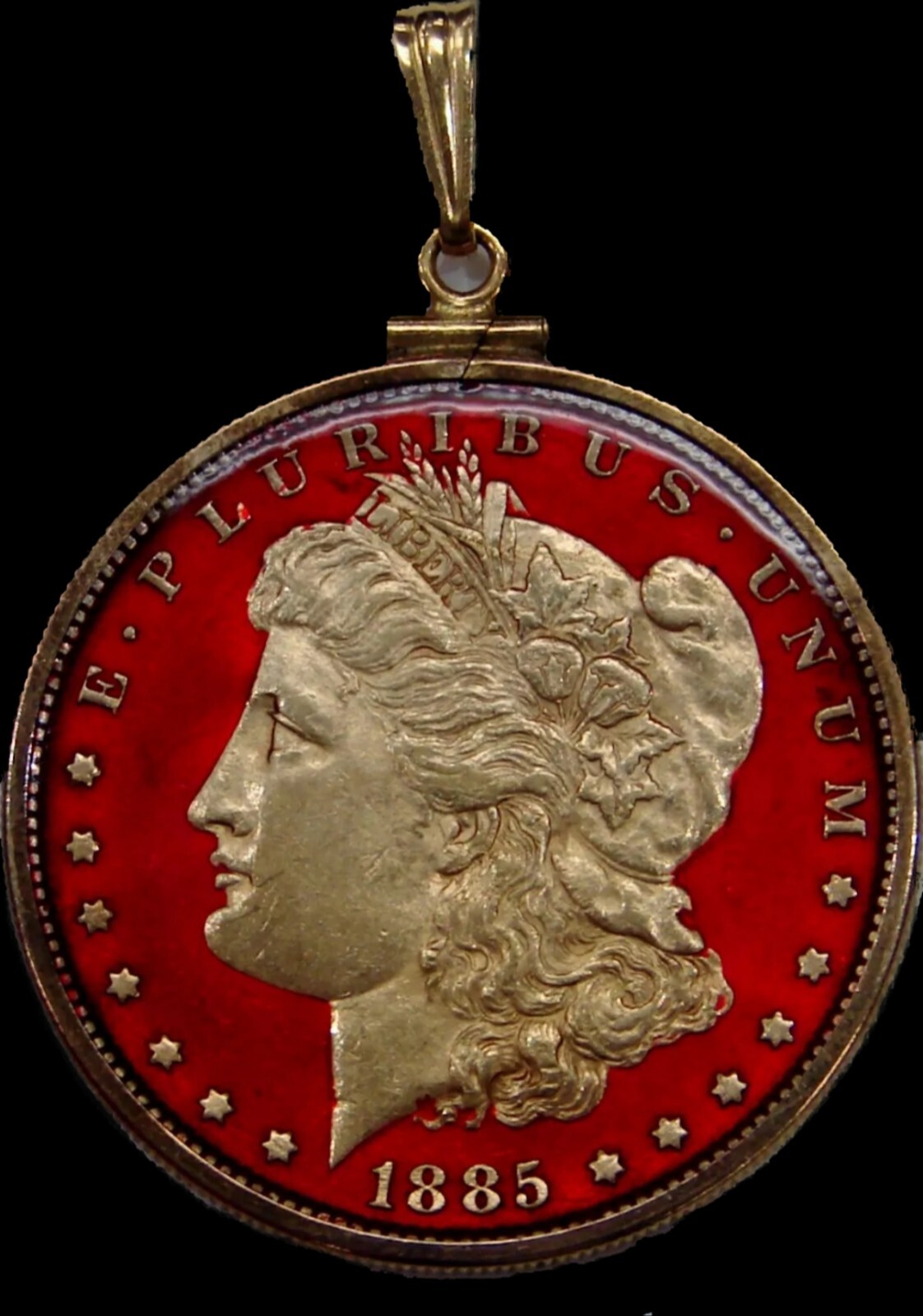 1885 Morgan Silver Dollar - Red & Gold Enameled .Set in Gold-Filled Bezel