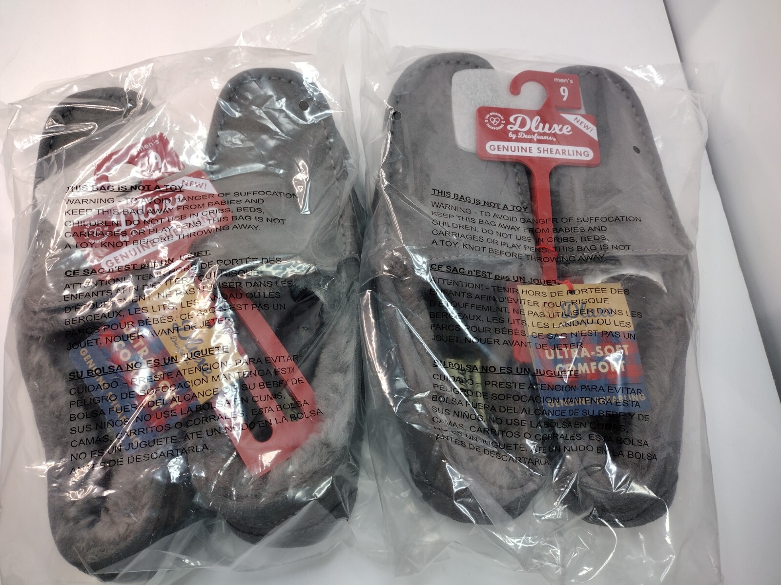 2 Pairs Men's dluxe by dearfoams Genuine Shearling Moccasin Slippers Size 9 Gray