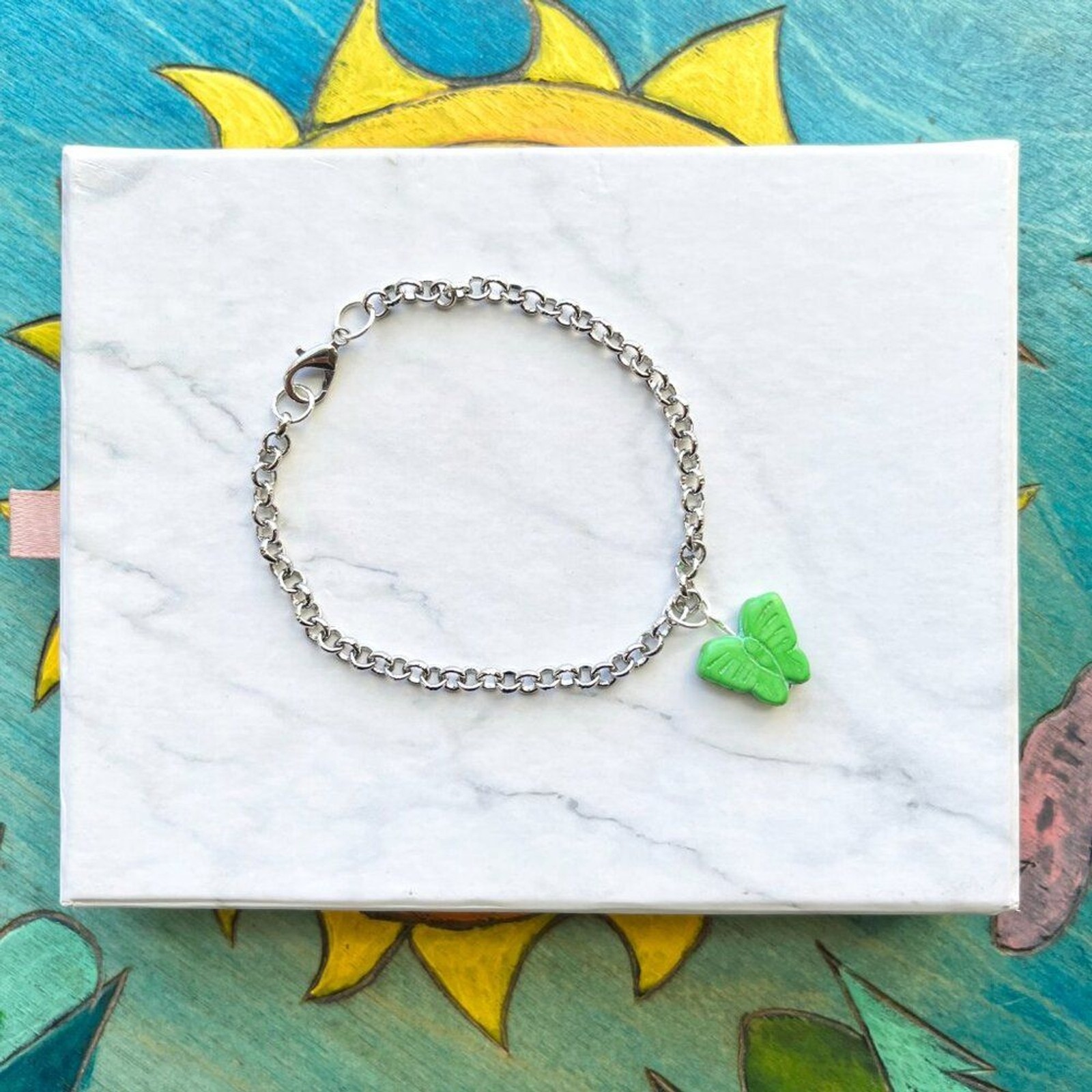 Green Butterfly Charm Silver Chain Bracelet