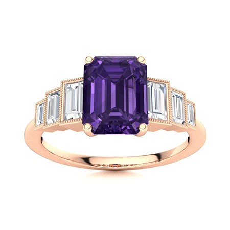 8x6mm Emerald Cut Amethyst Ring 925 Silver Rose Plated Art Deco Baguette Band