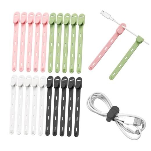 20Pack Silicone Cable Ties - [4 Adjustable Holes] Elastic Reusable Multicolor