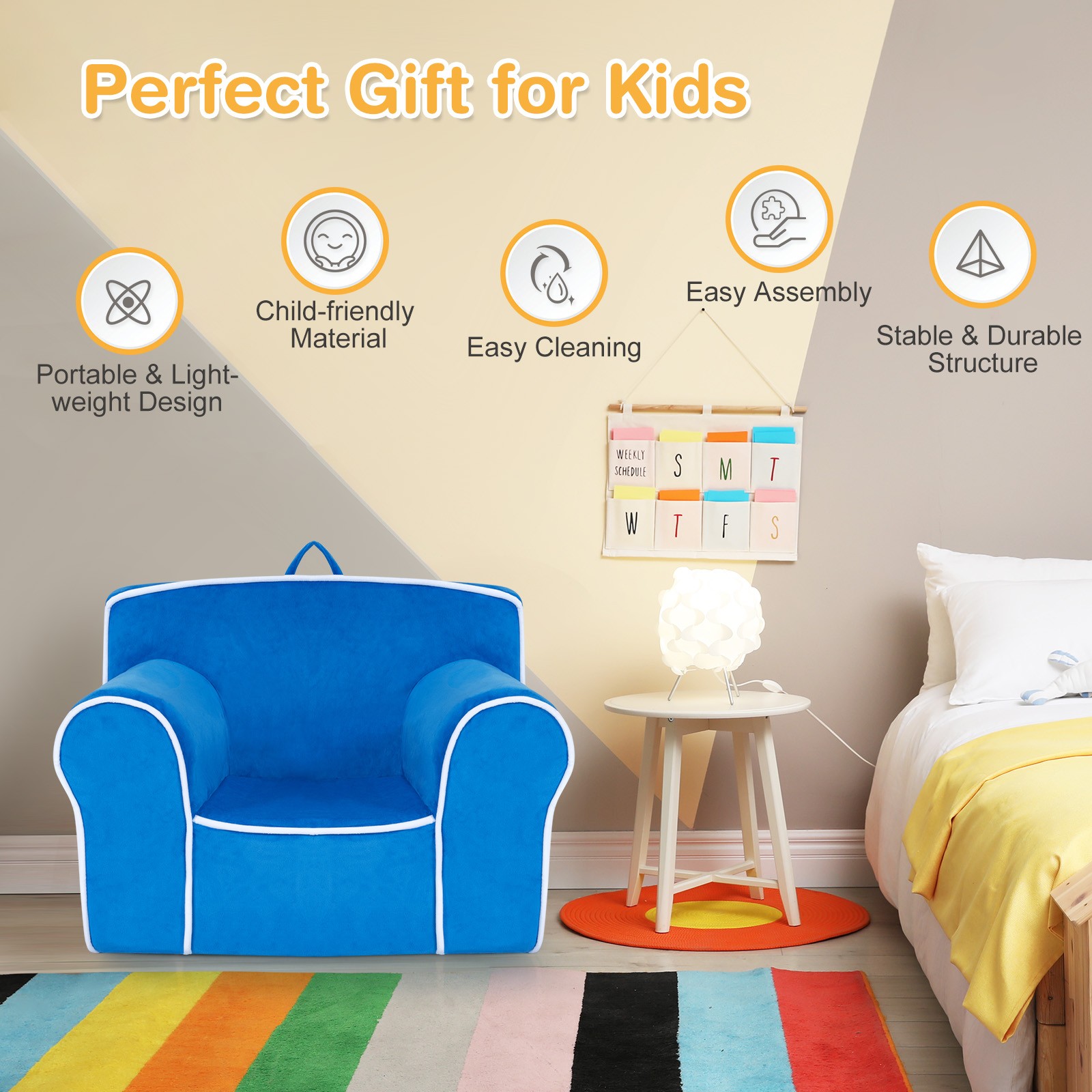 Foam Kids Sofa, Upholstered Kids Sofa w/ Velvet Fabric Baby Perfect Gift Blue