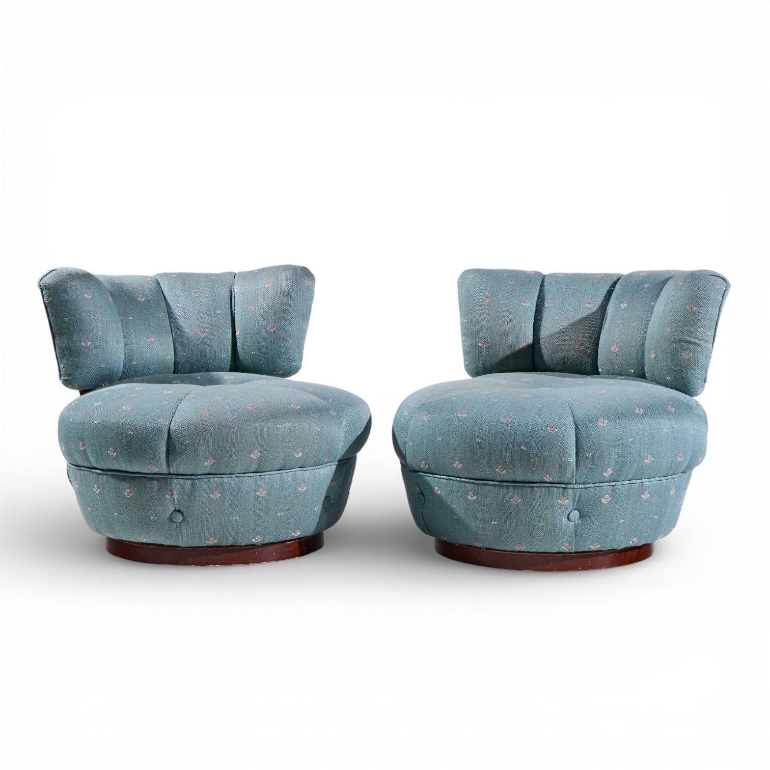 Dunbar Style Mid Century Swivel Pouf Lounge Chairs - Pair
