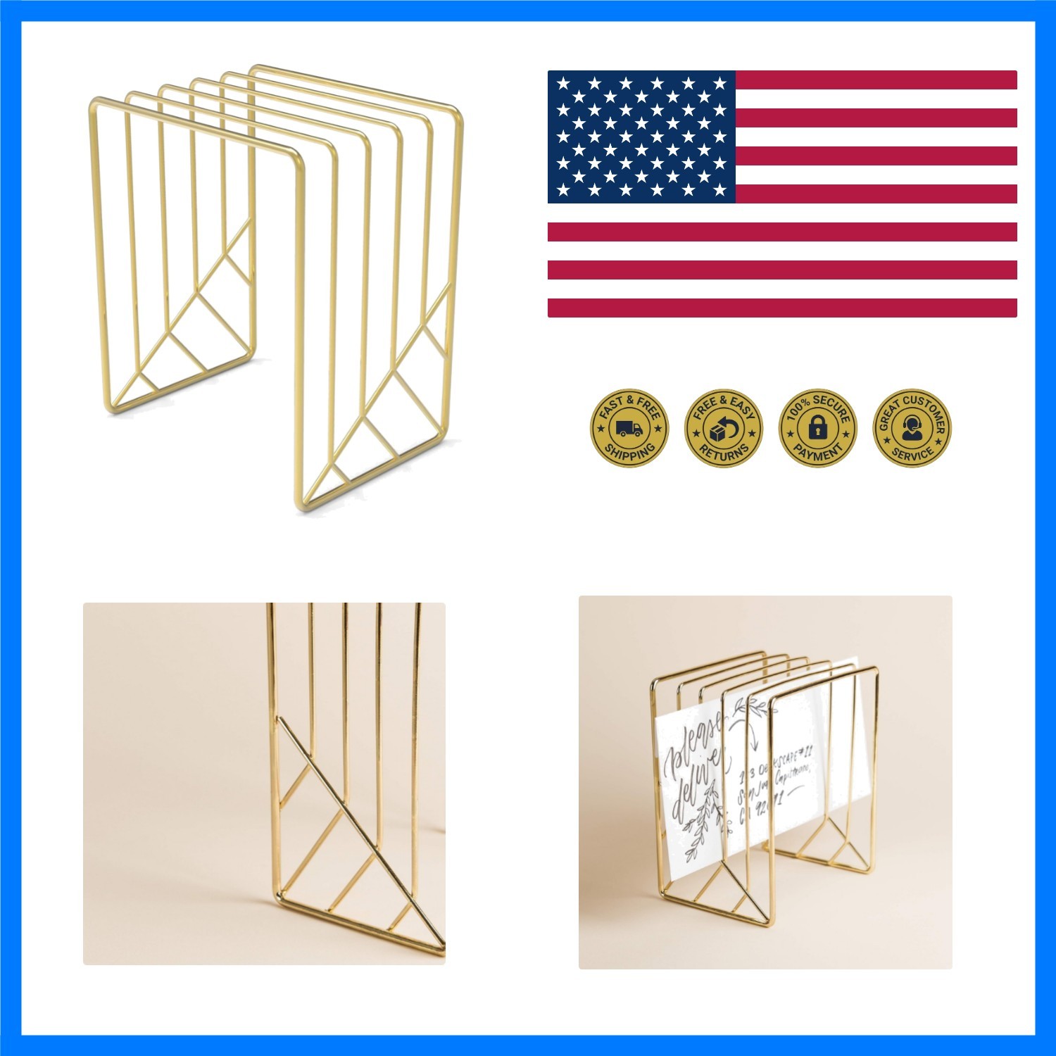 Mail Organizer, Metal Letter Sorter, Desk Organizer, Gold