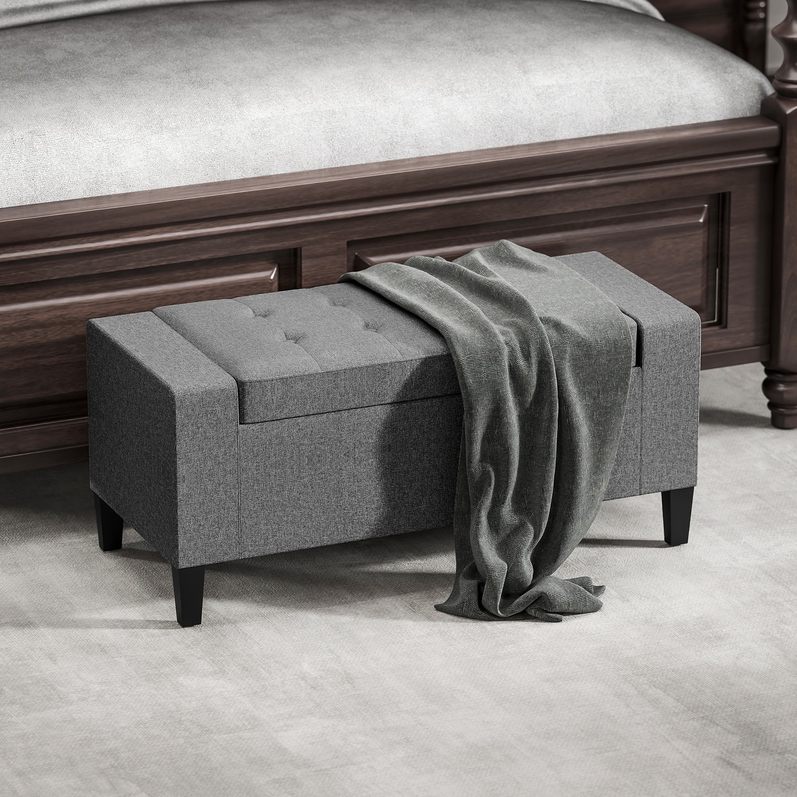 Rectangular Tufted Linen Storage Ottoman Bench with Flipping Top Gray