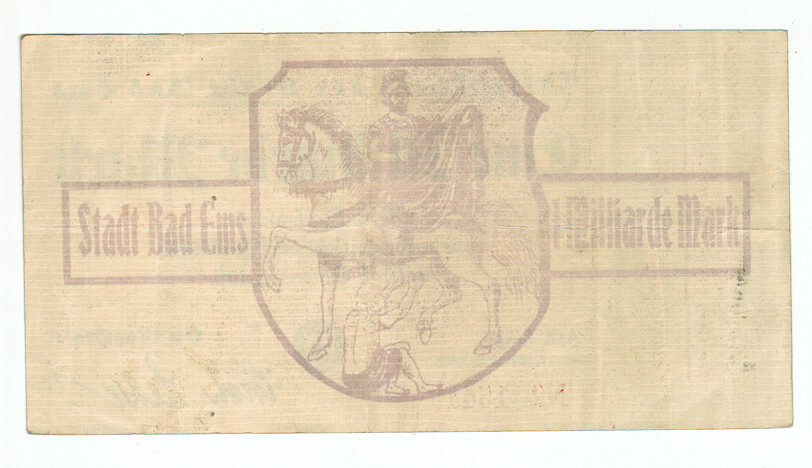 GERMANY BANKNOTE 1 BILLION MARK STADT-BAD EMS 1923