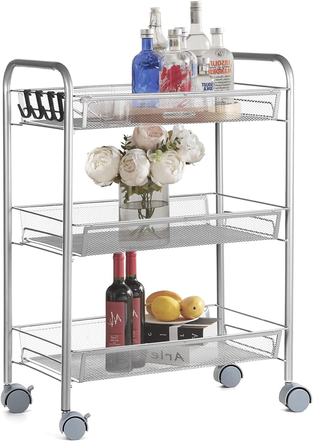 3-Tier Metal Rolling Cart on Wheels with Baskets Storage with Removable Shelves