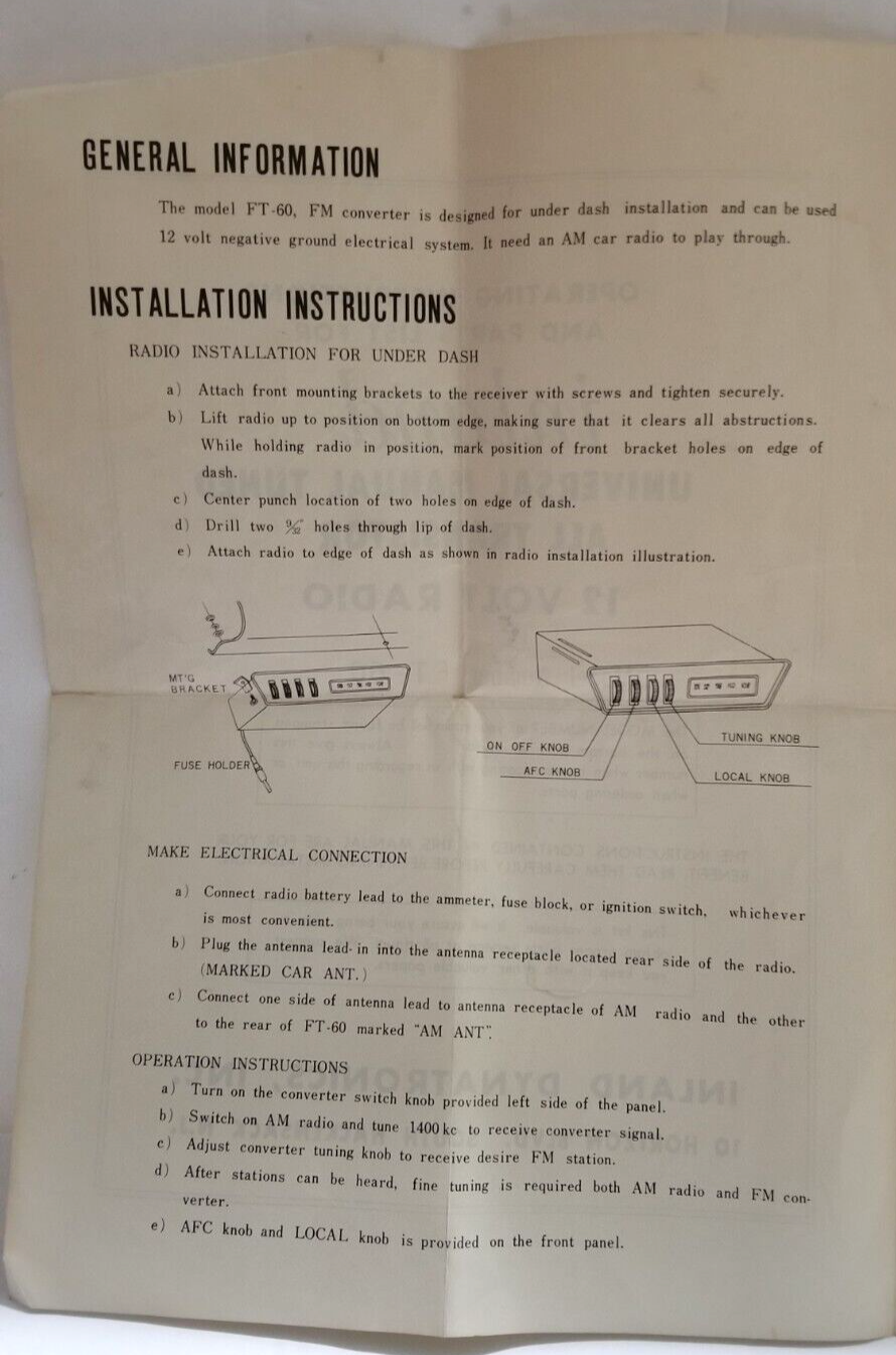 Inland Dynatronics Universal Manual Tuned All Transistor 12 Volt Radio Vintage