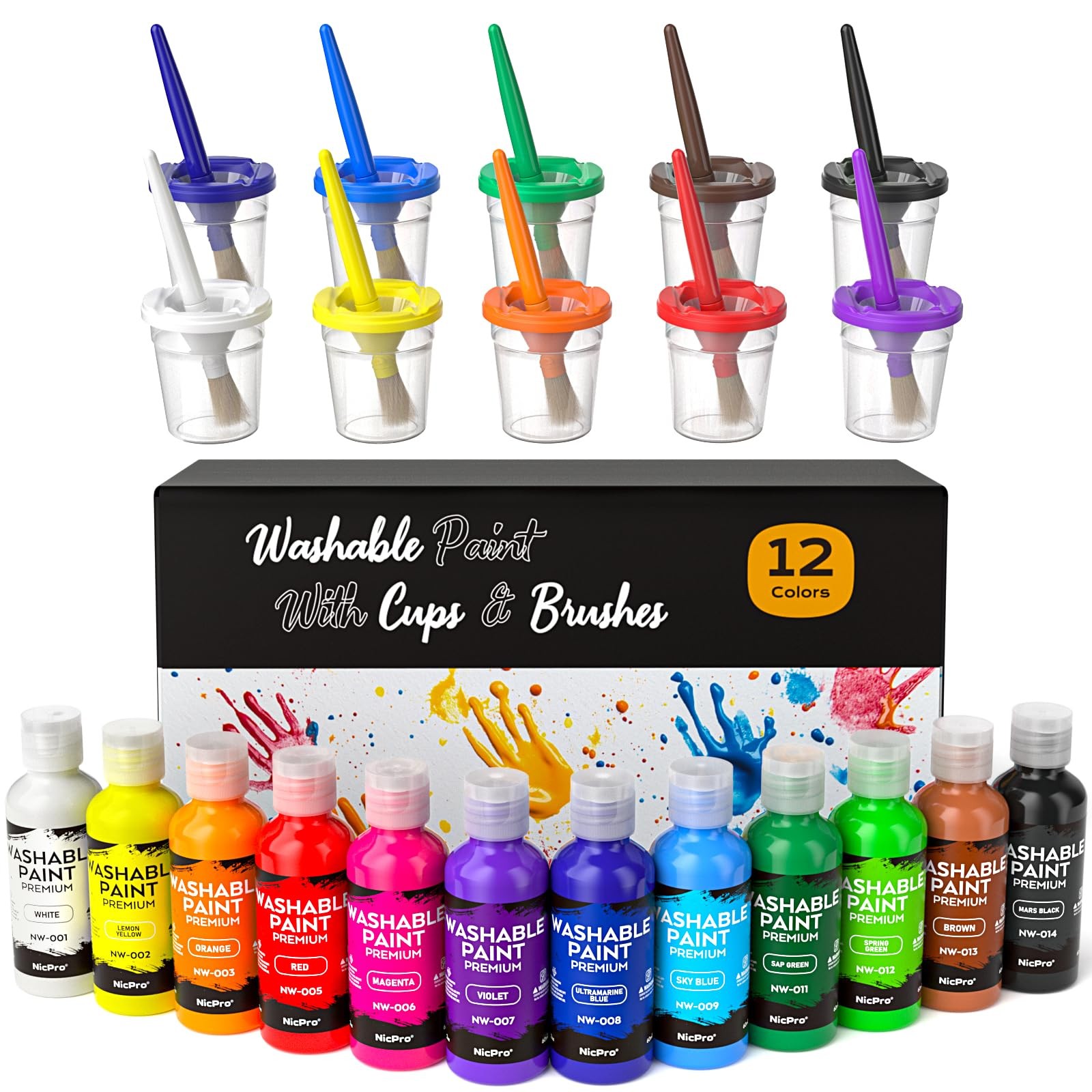 Nicpro 12Colors Washable Paint for Kids(2 oz), Finger Paint Set with Paint Cups