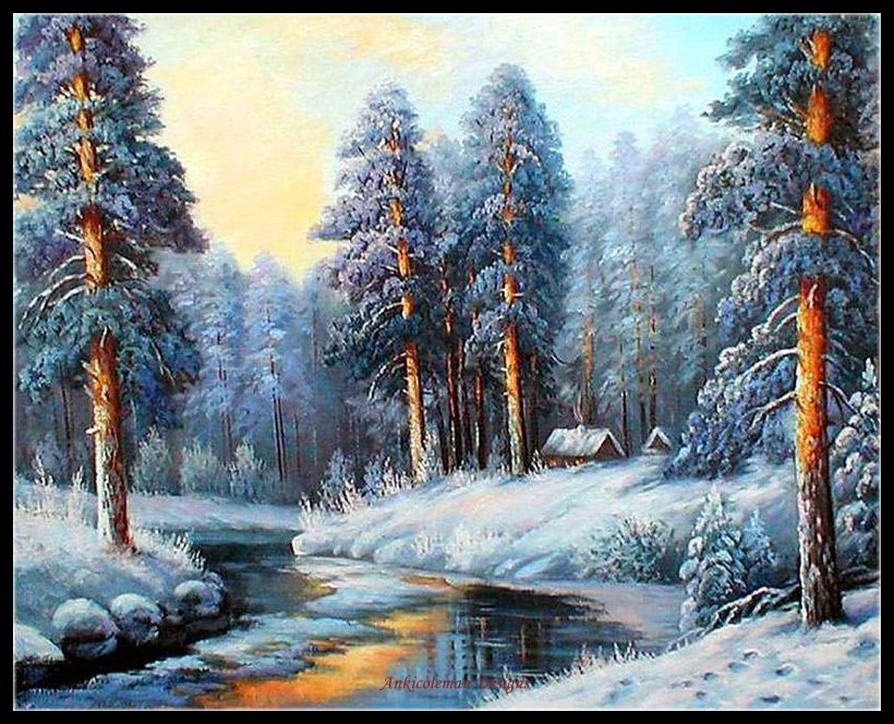 Winter Pines - DIY Chart Counted Cross Stitch Patterns Needlework DMC Color