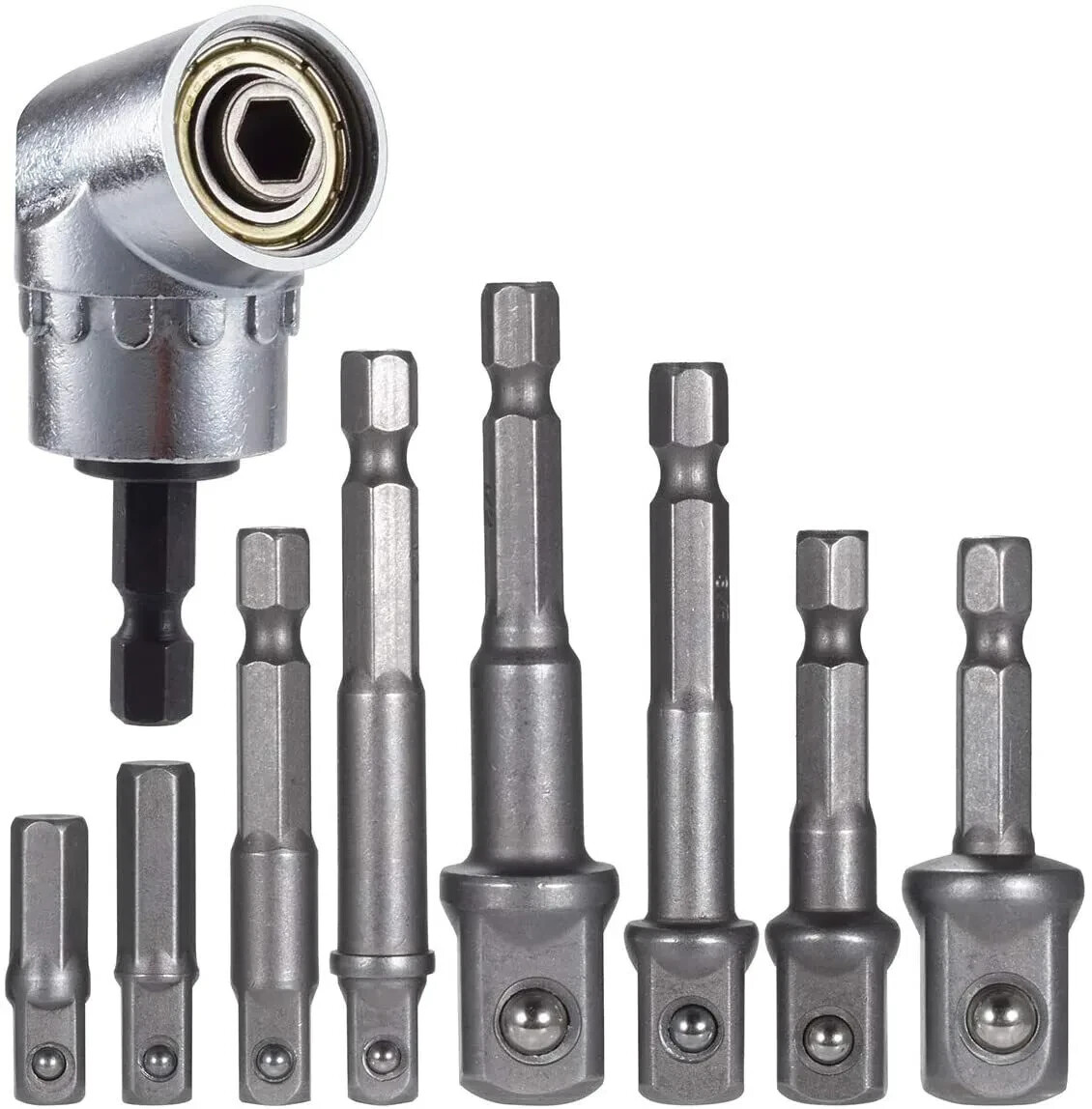 9 Pcs Socket Adapter Impact Hex Shank Drill Bits Set 1/4" 3/8" 1/2" Right Angle