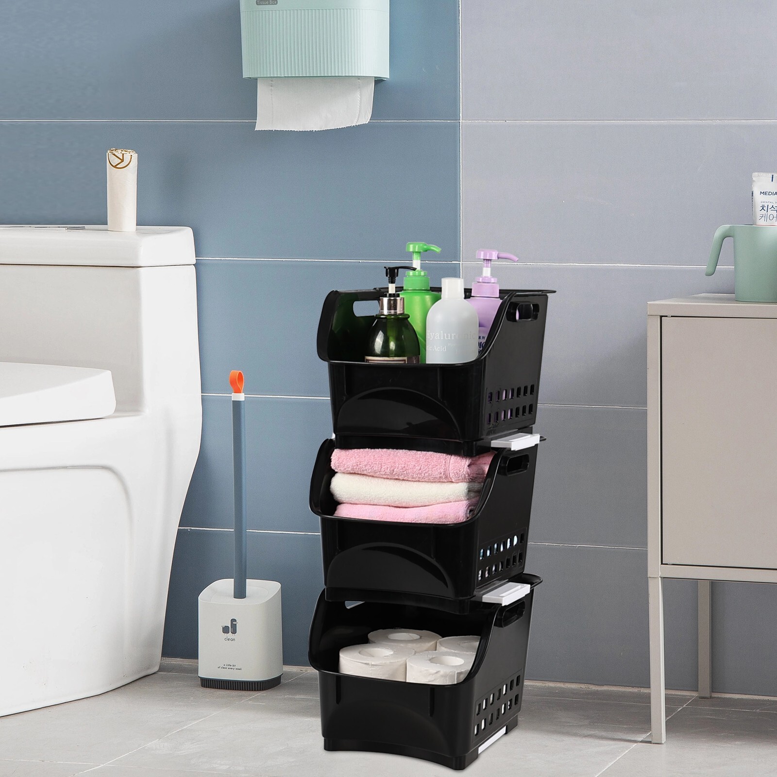 3 Packs Plastic Stacking Storage Basket, Large Detachable Stacking Bins, Black