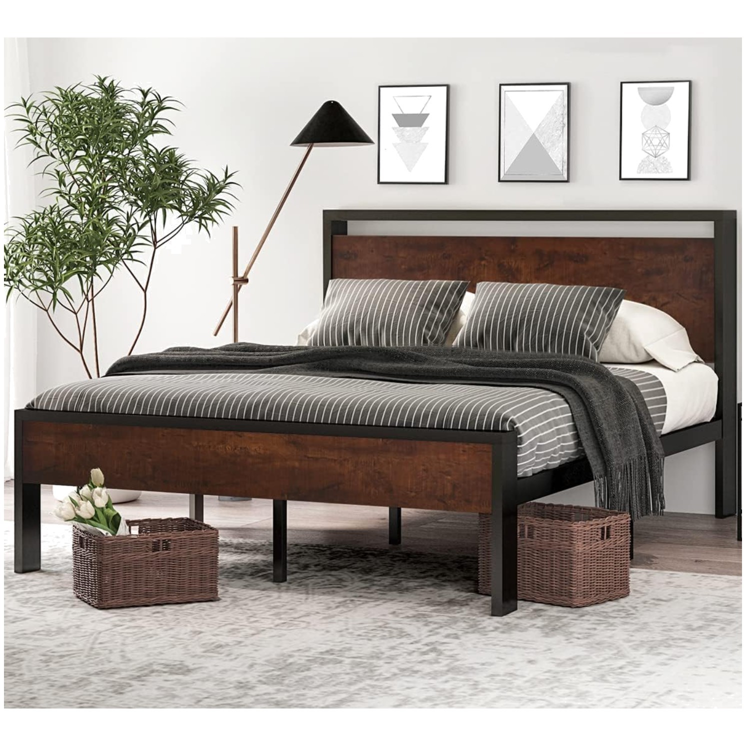 Rustic Metal Bed Frame with Wooden Headboard, Full