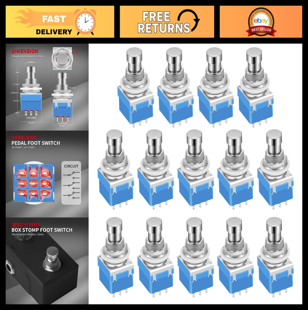 14pcs Guitar Effect Pedal Footswitch 3PDT Latching Stomp Switch True Bypass 9 Pi