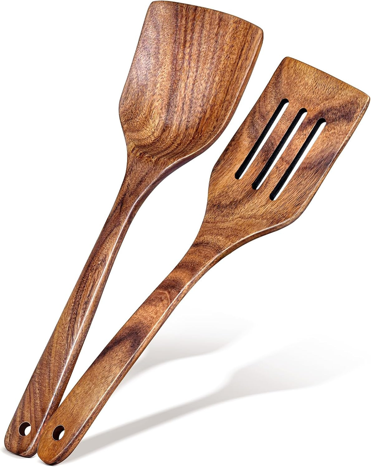 2Pcs Wooden Spatula, Acacia Solid & Slotted Turner Spatula Set, Long Handle Flat