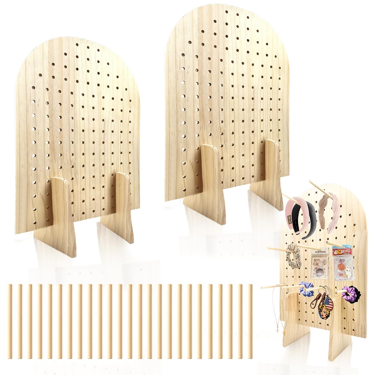 2 Pcs Wooden Pegboard Display Stand for Jewelry Keychains 25 Dowel Rods Acces...