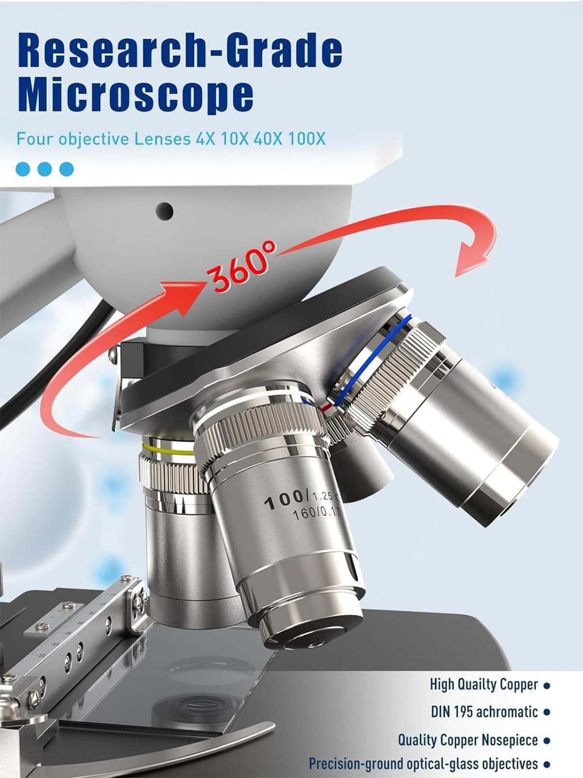 Lab Trinocular Compound Microscope with 40X-2500X Magnification, Dual-View Mi...